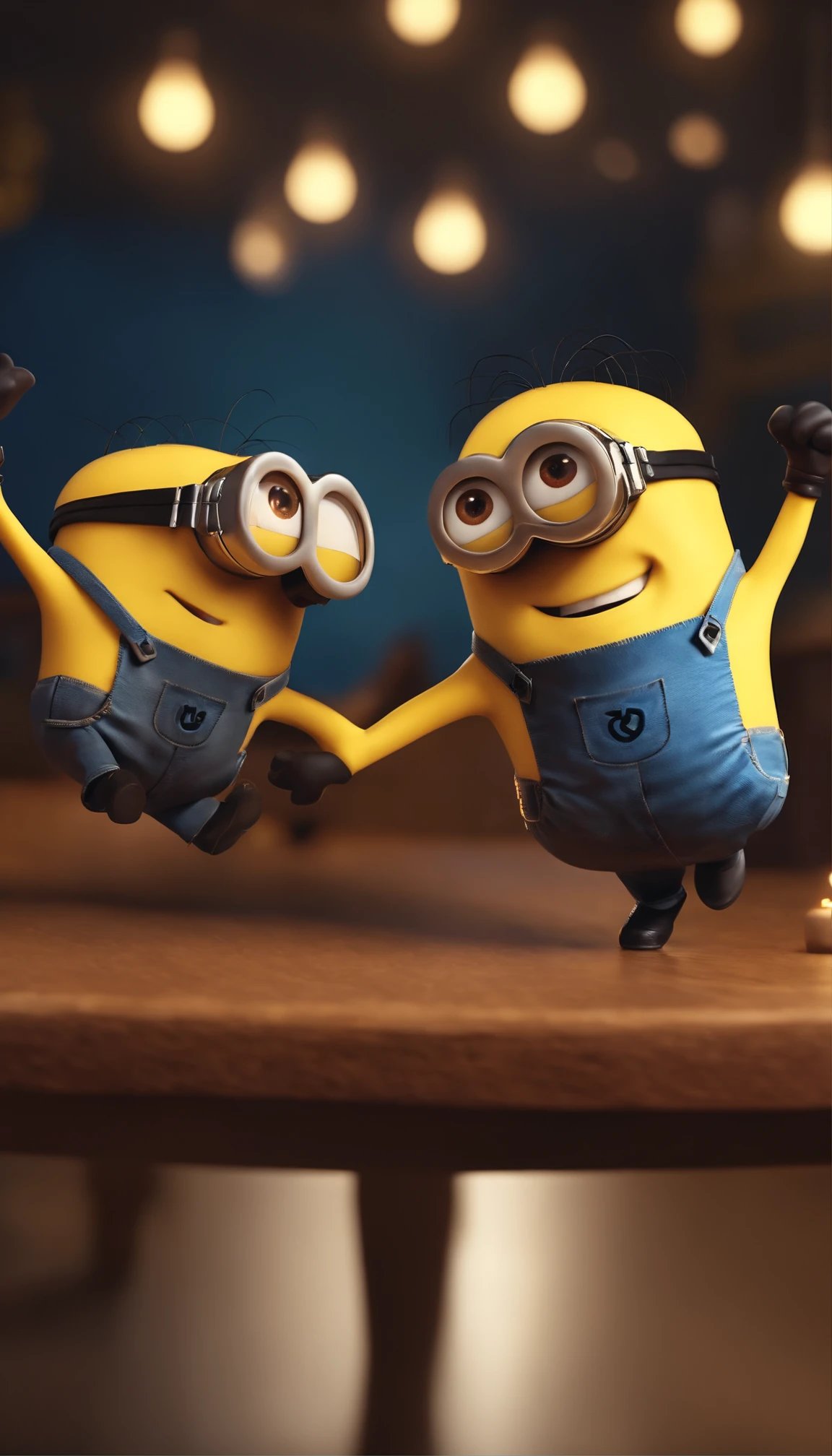 2 minions smiling ,dancing on the table,minimalist colors,happy,playful,whimsical,soft lighting,high-res,4k,8k,best quality