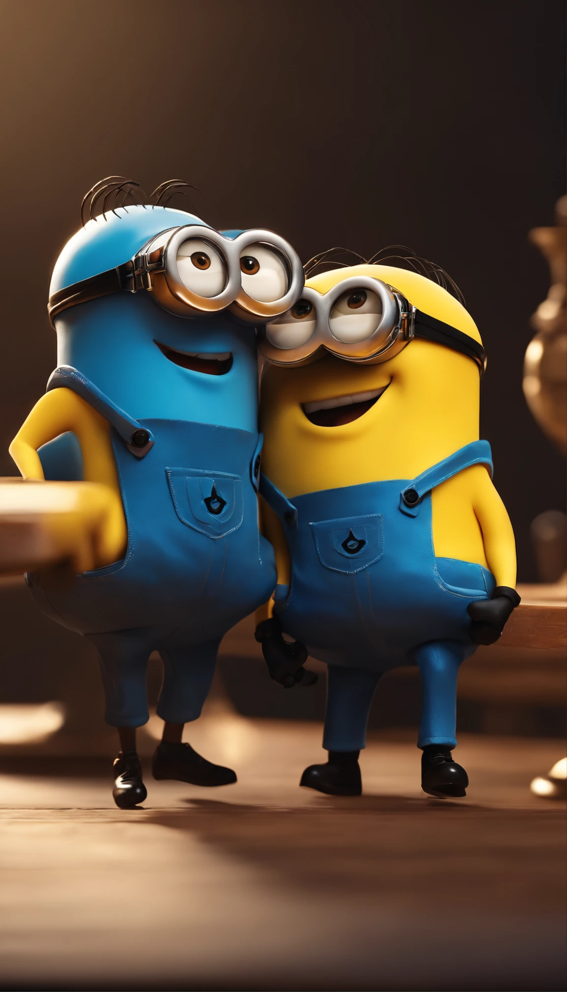 2 minions smiling ,dancing on the table,minimalist colors,happy,playful,whimsical,soft lighting,high-res,4k,8k,best quality