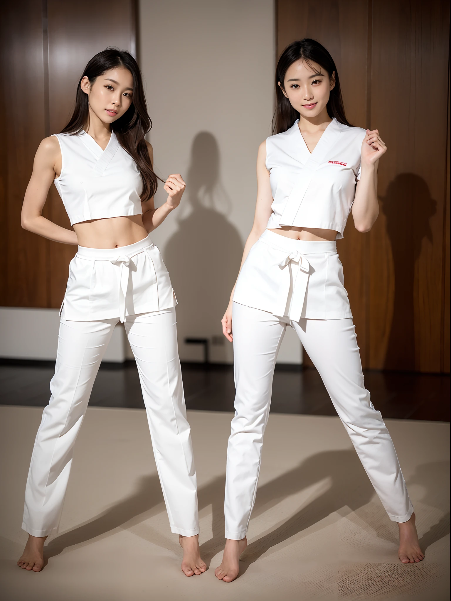 (Photorealsitic)Beautuful Women, (8K Beauty Full Body Portrait), Stand alone, , Perfect facial detail, attractive beautiful face, 二重まぶた, Beautiful detailed eyes, long eyeslashes, (Smile: 1.15), ligh brown hair, Hair that does not fall on the shoulders, TOKYOcty,1 female, Toned waist, Beautiful thin legs, toned ankles, bare-legged , White Karate Uniform, White karate pants