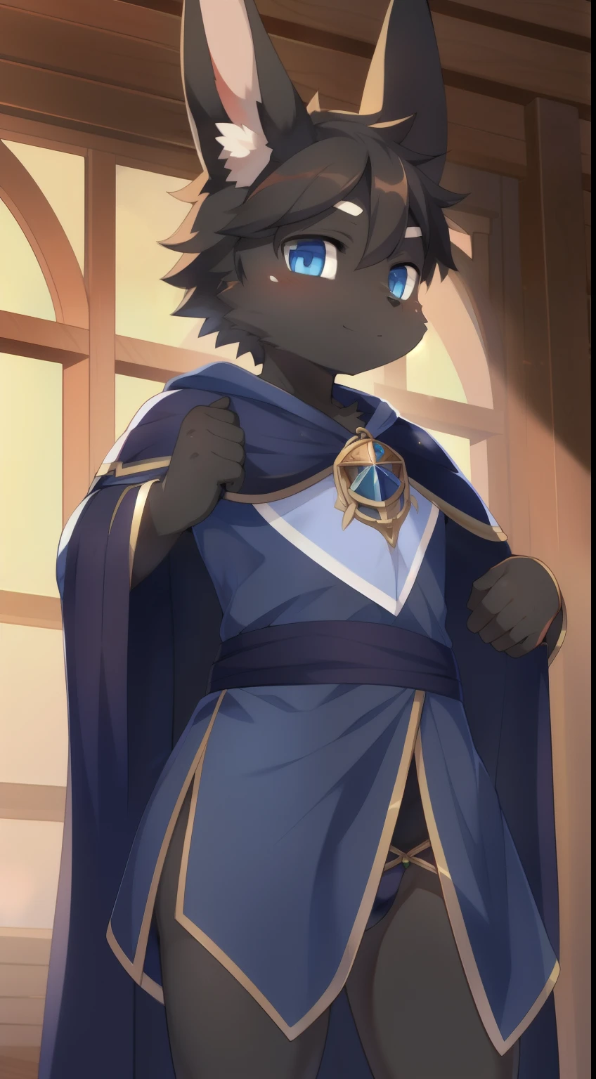 masterpiece, solo, 1boy, Furry, kemono, furry rabbit, anthropomorphic, male, black fur, black skin, blue eyes, wizard clothes, sexy clothes, fantasy town, femboy, uploaded on e621,