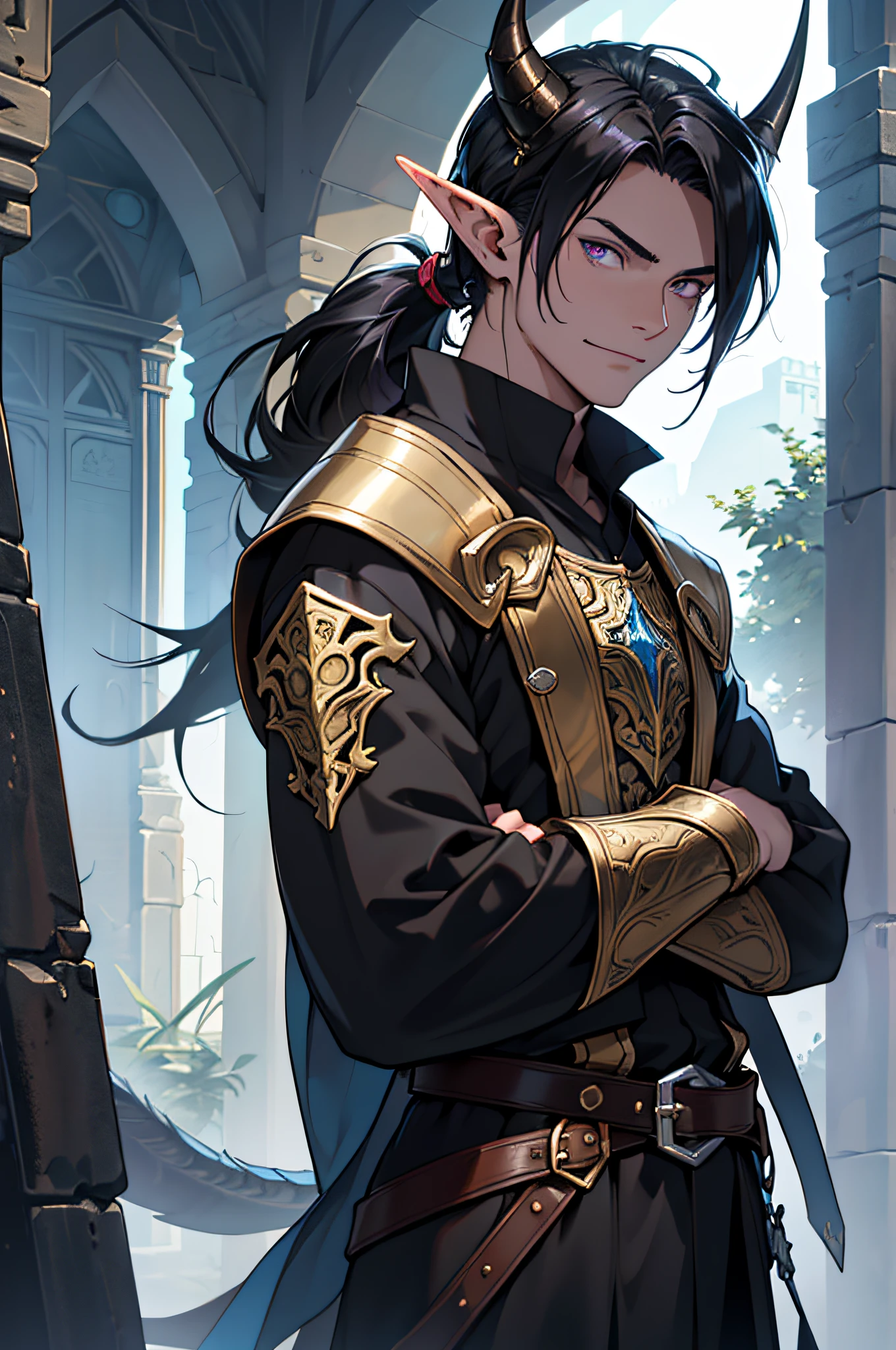 (masterpiece, Top quality, best quality, official art, beautiful and aesthetic: 1,2), ((1 man)), masculine, elegant, expresive eyes, (fraktale Kunst: 1,3), colorful, very detailed, (perfect face), half body, looking at viewer, dutch angle, cowboy shot, (long black hair), ponytail, (purple eye color), long elf like ears, two long demon horns on the head, leather armor, Clothing for the Middle Ages, assasin, dagger, light smile, HDR, (white gold lines: 1,2), Galaxie, (Lichtstreifen), eye-catching graphics, (dynamische Streifen, leuchtende Spuren: 1,2), lebendige Farben, (phoenix), (Drache)