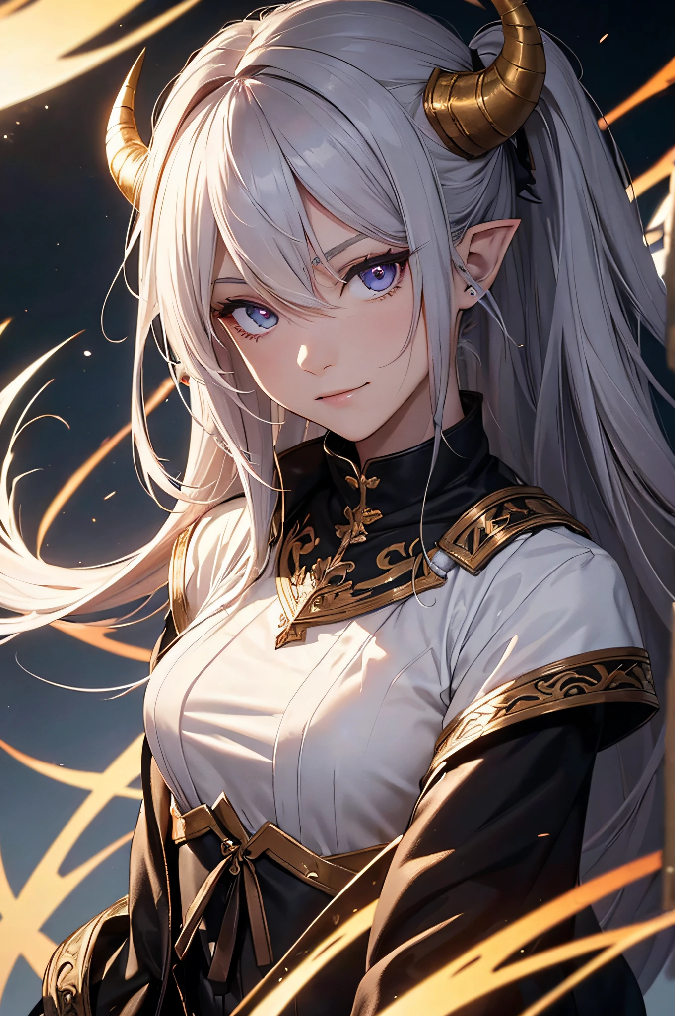 (masterpiece, Top quality, best quality, official art, beautiful and aesthetic: 1,2), ((1 man)), masculine, elegant, expresive eyes, (fraktale Kunst: 1,3), colorful, very detailed, (perfect face), half body, looking at viewer, dutch angle, cowboy shot, (long black hair), ponytail, (purple eye color), long elf like ears, two long demon horns on the head, leather armor, Clothing for the Middle Ages, assasin, dagger, light smile, HDR, (white gold lines: 1,2), Galaxie, (Lichtstreifen), eye-catching graphics, (dynamische Streifen, leuchtende Spuren: 1,2), lebendige Farben, (phoenix), (Drache)