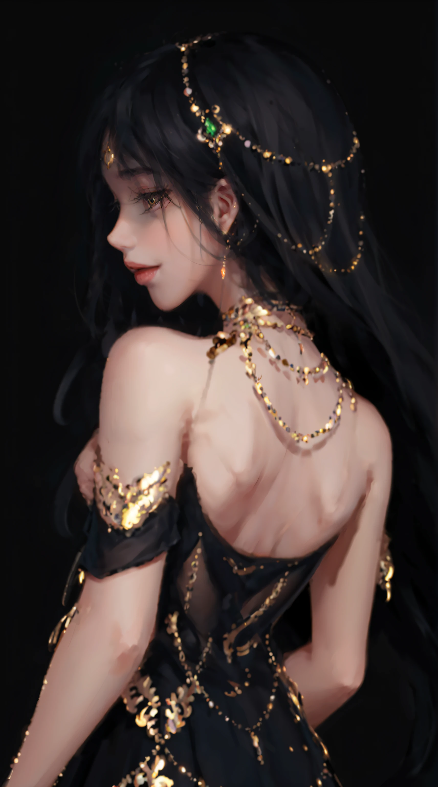1girl, solo, jewelry, long_hair, black_hair, from_behind, gem, upper_body, earrings, necklace, profile, back, eyelashes, closed_mouth, dress, circlet, nape, head_chain, shoulder_blades, back_focus, gold, simple_background, bare_back, black_dress, black_background, dark_skin, gold_chain, dark_background, grey_background