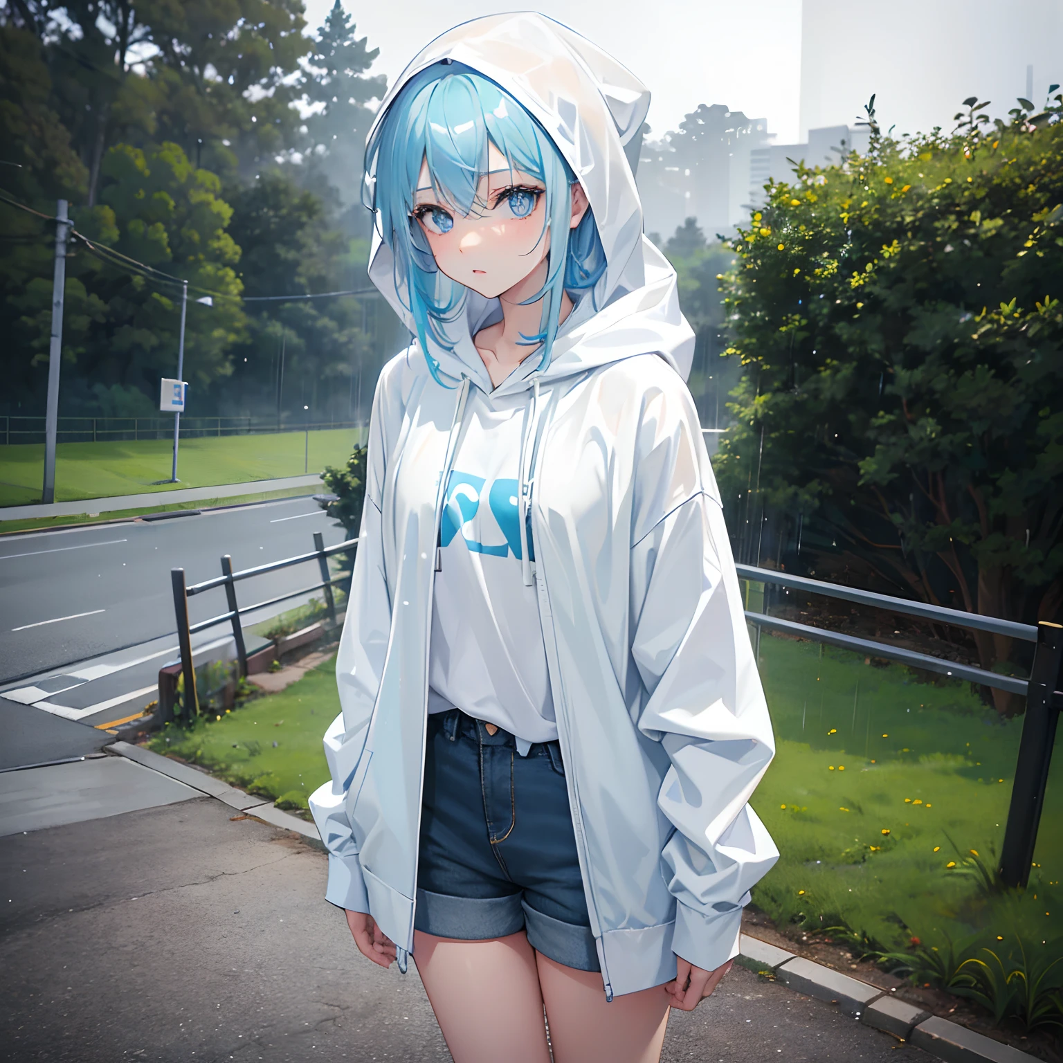 1girl, long pastel blue hair, blue eyes, white skin, wearing oversized pastel blue hoodie, short shorts, outside, in the rain, wet clothes, absurdres, high res, ultrasharp, 8k, masterpiece, looking at viewer