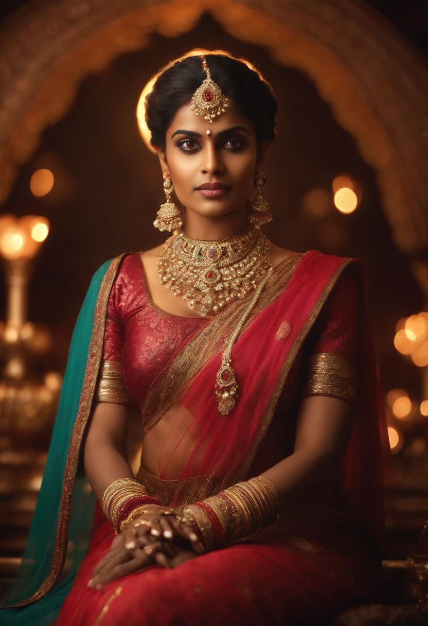 photo-realistic,studio-quality portrait of a fair south indian mythical ancient queen wearing luxurious and ornate clothing. intricate details opals and floral embellishments, diffused lighting,symmetrical depth of field,sharp focus,unreal engine