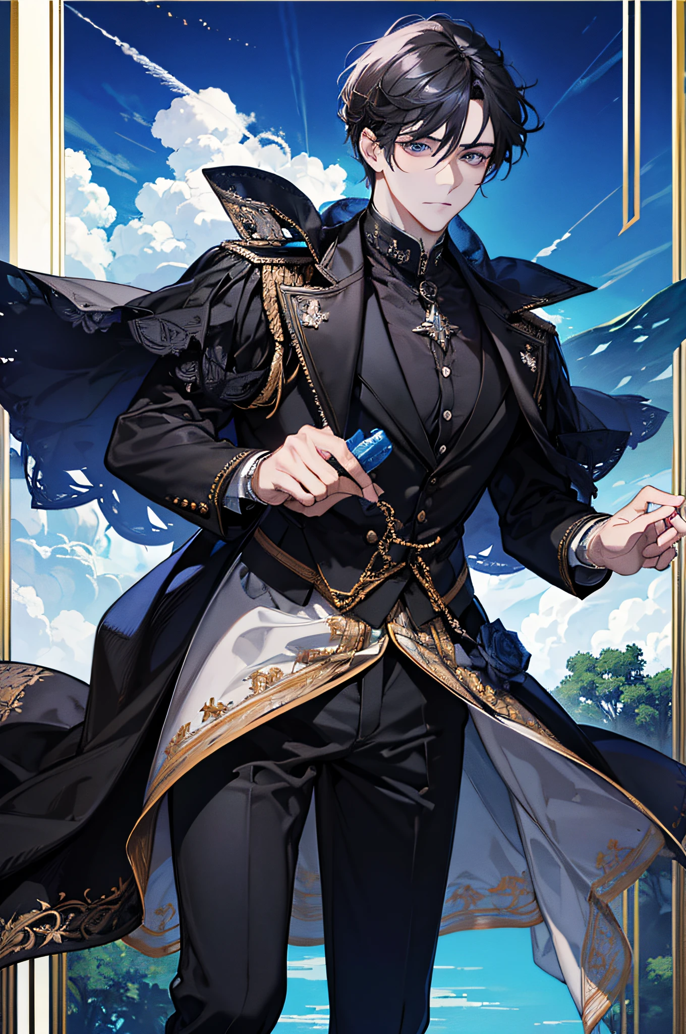 (absurdres, hight resolution, Ultra-detailliert), 1 male, Erwachsene, stattlich, big muscular guy, breite Schultern, fein detaillierte Augen, sehr langes, gebundenes Haar, schwarzes Haar, gewelltes Haar, Diamant, Schmuck, Garten,Wolf,Tiere, die den Mann umringen,full-body shot, Wald, portrait, (Weitwinkel), geschlossener Mund