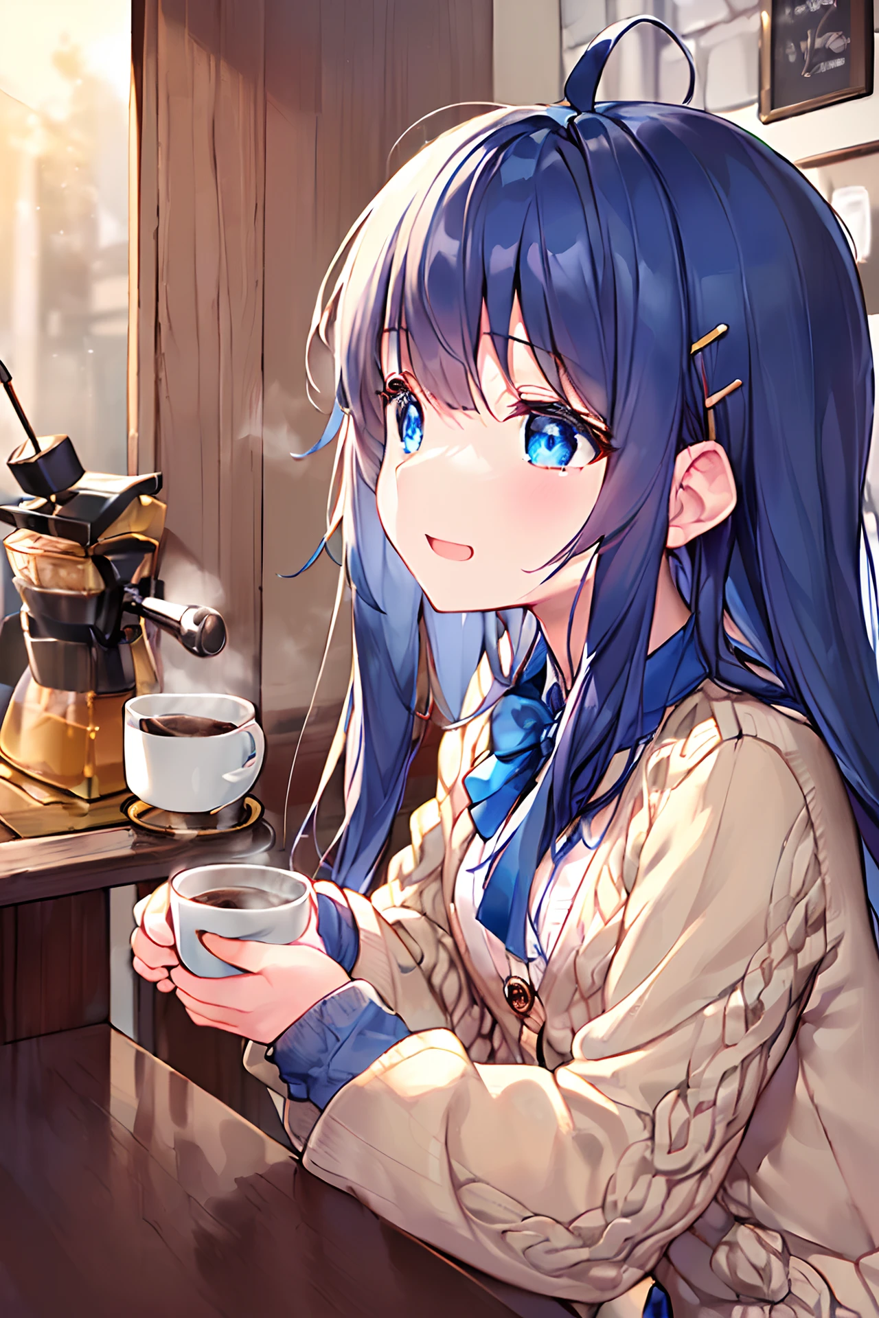 (((masterpiece))), (((Best Quality))), (((Ultra high definition))), (((High resolution))), (((hight resolution))), (((8K))), (((Exquisite))), (((Very beautiful))), (((absurderes))), (Dark blue hair), (1girl in), (One old man master), (Gamine:1.4), (Very long sideburns of dark blue color), Very cute, Moe Anime Style, Depiction of a crystal clear face, Highly detailed eye depiction, (Dark blue straight long hair:1.3), (Super long and thick sideburns of dark blue color:1.4), (Dark blue bangs with super large split:1.4), (Simple Hair Clip:1.2), (Very small blue eyes:1.4), (Very small eyes:1.4), (Very small eyes), ((A detailed eye:1.3)), (((Clear eyes))), (A little sagging eyes:1.3), (One star in the eye:1.4), (Super thick sideburns and super long sideburns:1.2), (Super long and thick sideburns:1.1), (Very small breasts:1.4), ((Very small breasts:1.3)), (Super small breasts), (Ahoge:1.2), (Laughing:1.2), a closed mouth, (Beige long-sleeved cardigan:1.4), (Beige long-sleeved cardigan), (White blouse in uniform:1.3), (sit a chair:1.3), (Coffee Siphon), (Previous:1.4), (Looking away:1.4), (From Side), (longshot:1.4), At the coffee shop counter, (Coffee shop owner:1.4), Coffee Shop Counter, (Drink hot coffee:1.3), (Coffee shop owner), (Small Setomono Coffee Cup:1.4)