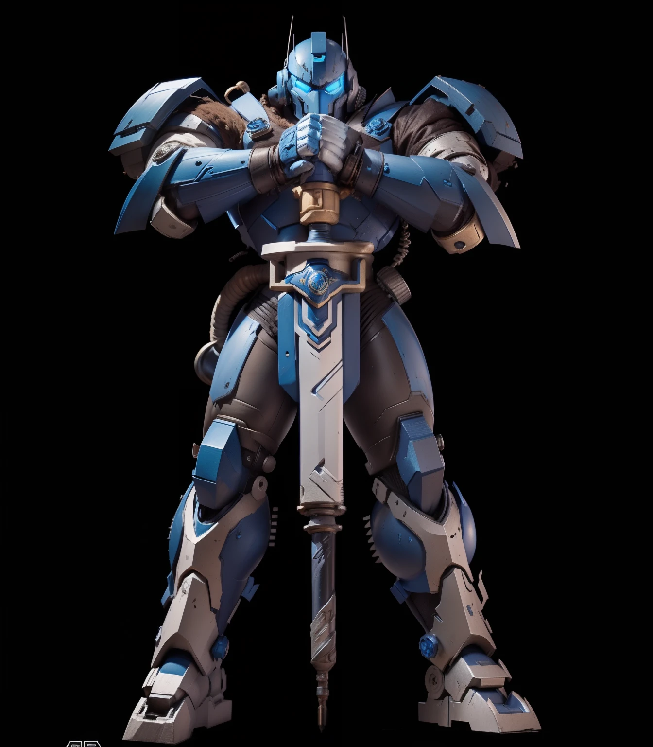 logo, blue robot, blue knight robot holding a blacksmithing power-hammer, sentinel robot, power hammer, front view, looking at viewer, charismatic stence , logo style, simplistic, illustration style