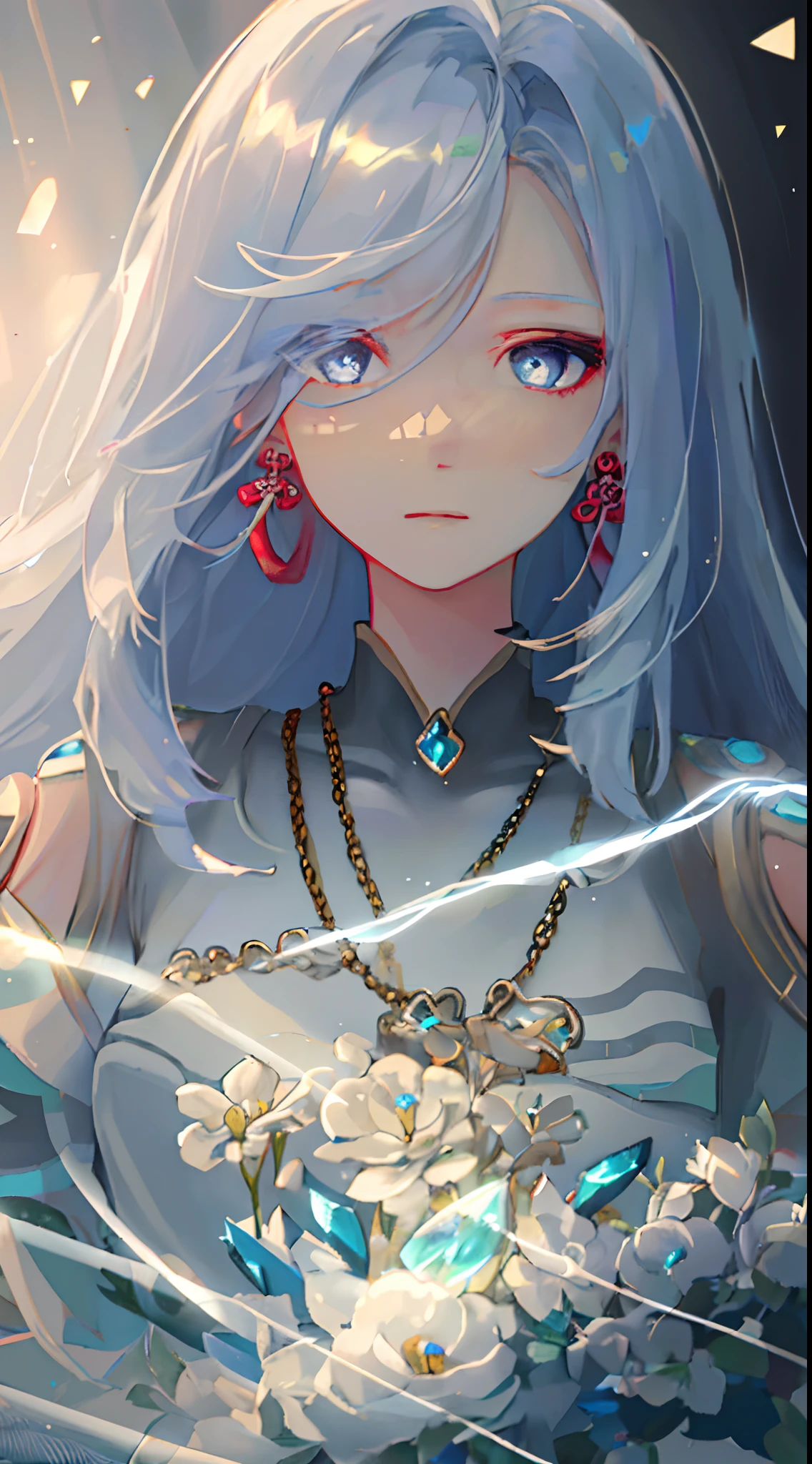 masterpiece, best quality, illustration, sax blue, platinum earrings, platinum necklace, white dress, 1girl, Elegant, (dynamic lighting:1.2), cinematic lighting, delicate facial features, detailed eyes, sharp pupils, realistic pupils, depth of field, bokeh, sharp focus, (hyper-detailed, bloom, glow:1.4), many small gems