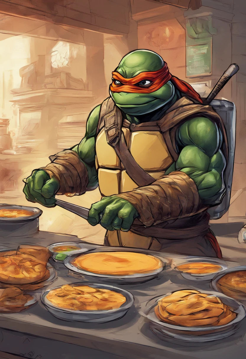 Teenage Mutant Ninja Turtles Michelangelo cooking a roti canai in restaurants