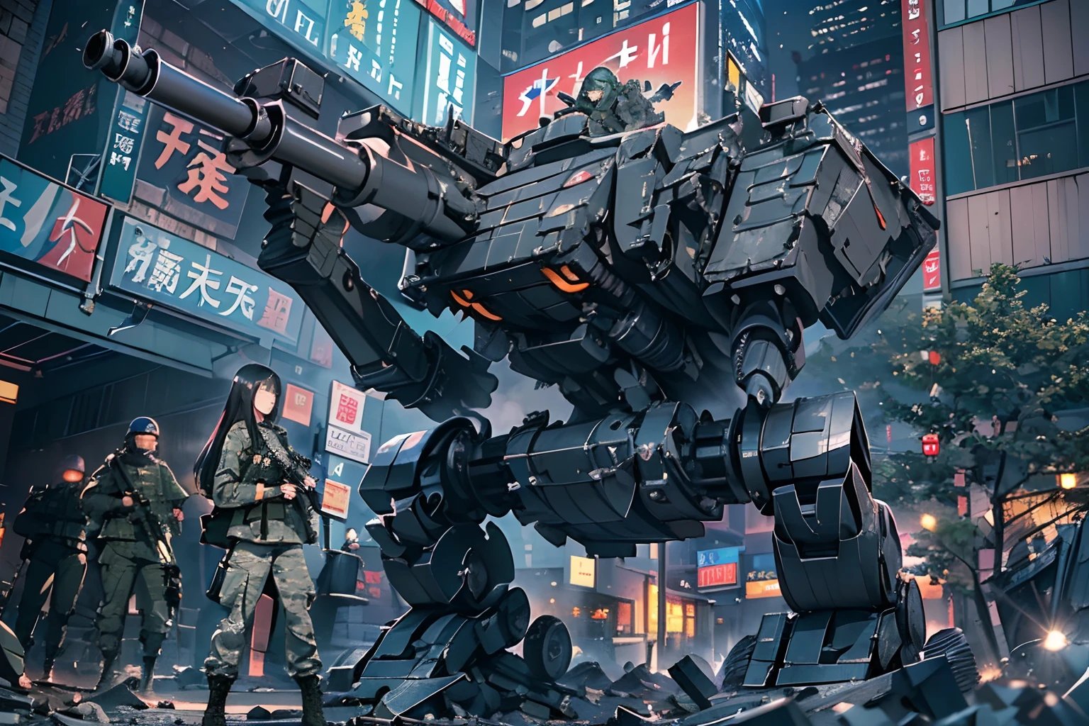 ((Female soldier snipes giant red military robot with anti-tank gun:1.4))、long eyelasher、Brush up、((masterpiece、top-quality、extremely details CG、16k picture quality、Cinematographic lighting、lensflare))、Black combat uniform、Wide View、thick body、 Photorealsitic:1.4、long Brond Hair、green colored eyes、Have multiple weapons、Lahti L-39 anti-tank gun、direct light、Depth of field 35mm、Photographing rubble、Night footage、((Shinjuku at night where special forces fight))、(Sniping with anti-tank rifles)、Hyper-detailing、The remains of a giant black robot