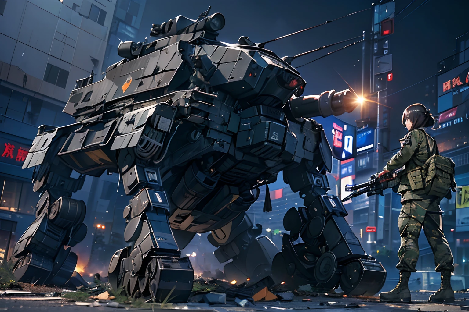 ((One girl soldier sniping a giant black military robot with an anti-tank gun:1.4))、long eyelasher、Brush up、((masterpiece、top-quality、extremely details CG、16k picture quality、Cinematographic lighting、lensflare))、Black combat uniform、Wide View、thick body、 Photorealsitic:1.4、long Brond Hair、green colored eyes、Have multiple weapons、Lahti L-39 anti-tank gun、direct light、Depth of field 35mm、Photographing rubble、Night footage、((Shinjuku at night where special forces fight))、(Sniping with anti-tank rifles)、Hyper-detailing、The wreck of a black giant robot