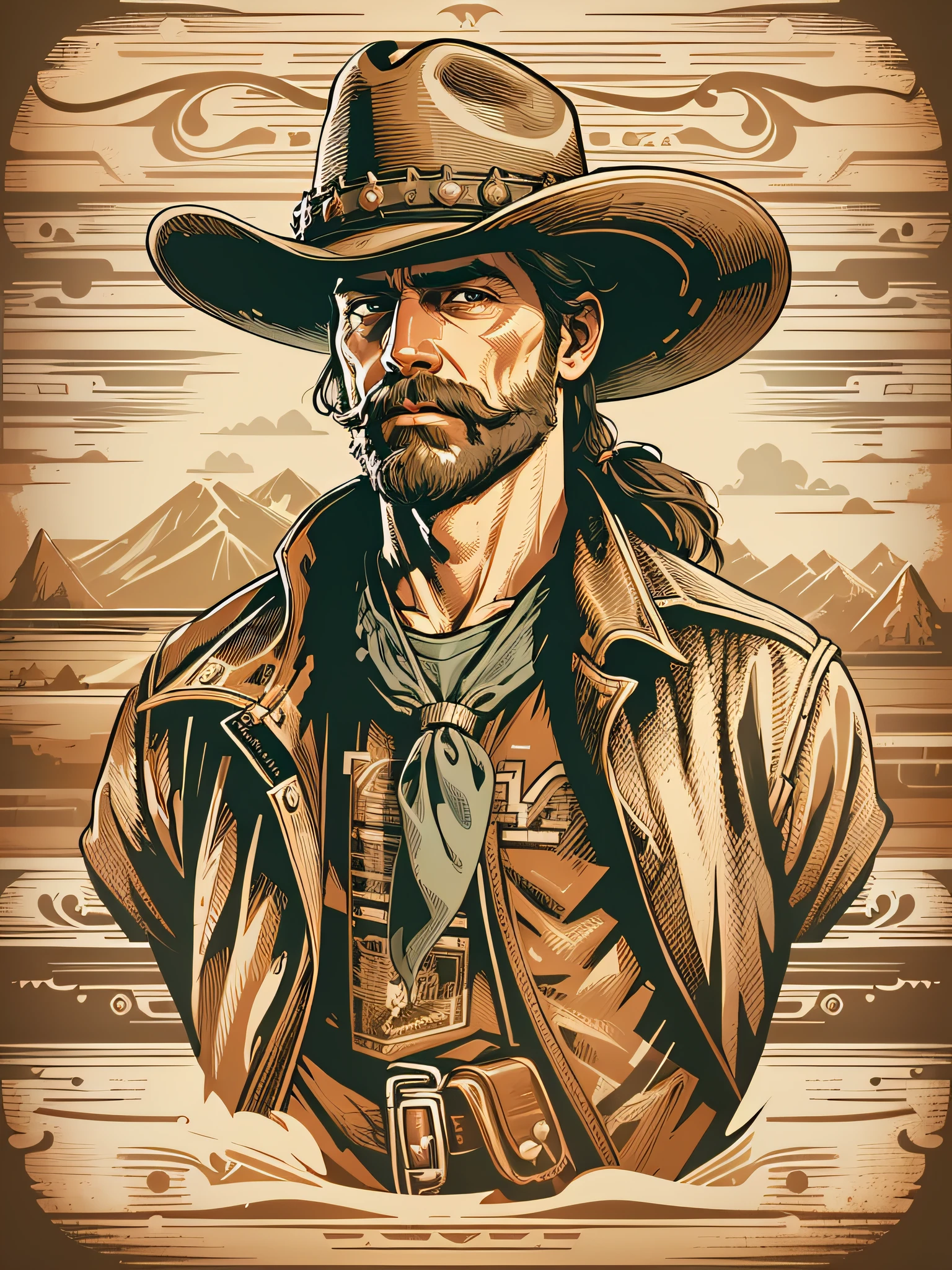 High quality design vector style image, t-shirt print style, cowboy graphic art white background realistic colors, american old west scene, vector image.