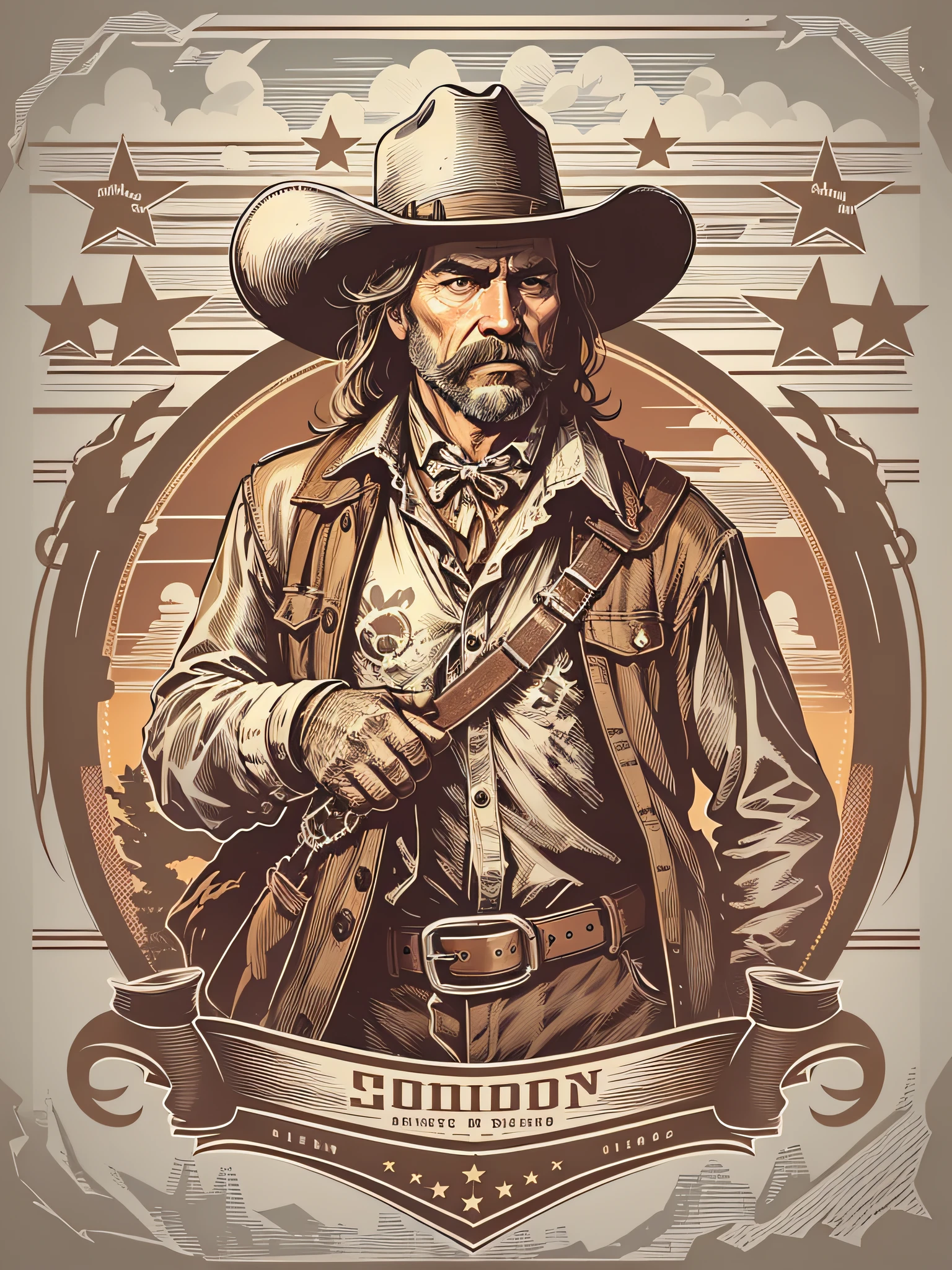 High quality design vector style image, t-shirt print style, cowboy graphic art white background realistic colors, american old west scene, vector image.