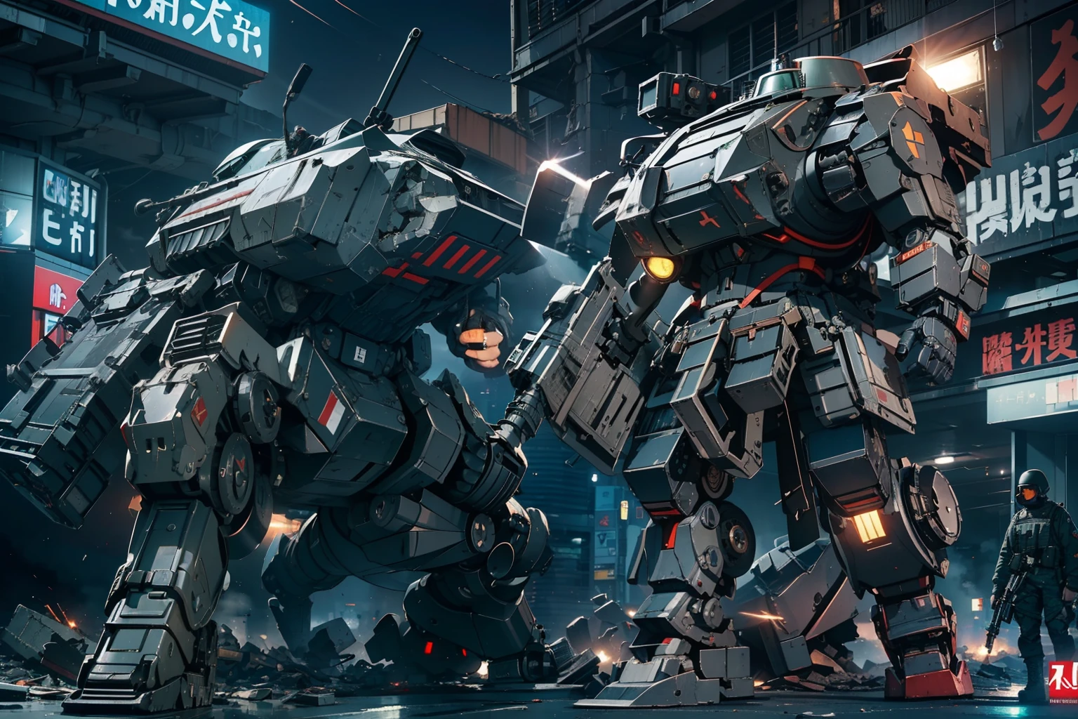 (Broken Red Giant Military Robot)、(One female soldier escaping)、long eyelasher,Blushlush,((​masterpiece、top-quality、extremely details CG、16 K、Cinematographic lighting、lensflare))、(Black combat uniform)、Wide View、thick body、 Photorealsitic:1.4、long Brond Hair、green colored eyes、Have multiple weapons、Precision 1.Aim 4、Lahti L-39 anti-tank gun、direct light、Photographing rubble with a depth of field of 35 mm、Night footage、((Shinjuku at night where special forces fight))、(Sniping with anti-tank rifles)、Hyper Detailed、The wreckage of a giant robot、(wide-angle lens)、What I see