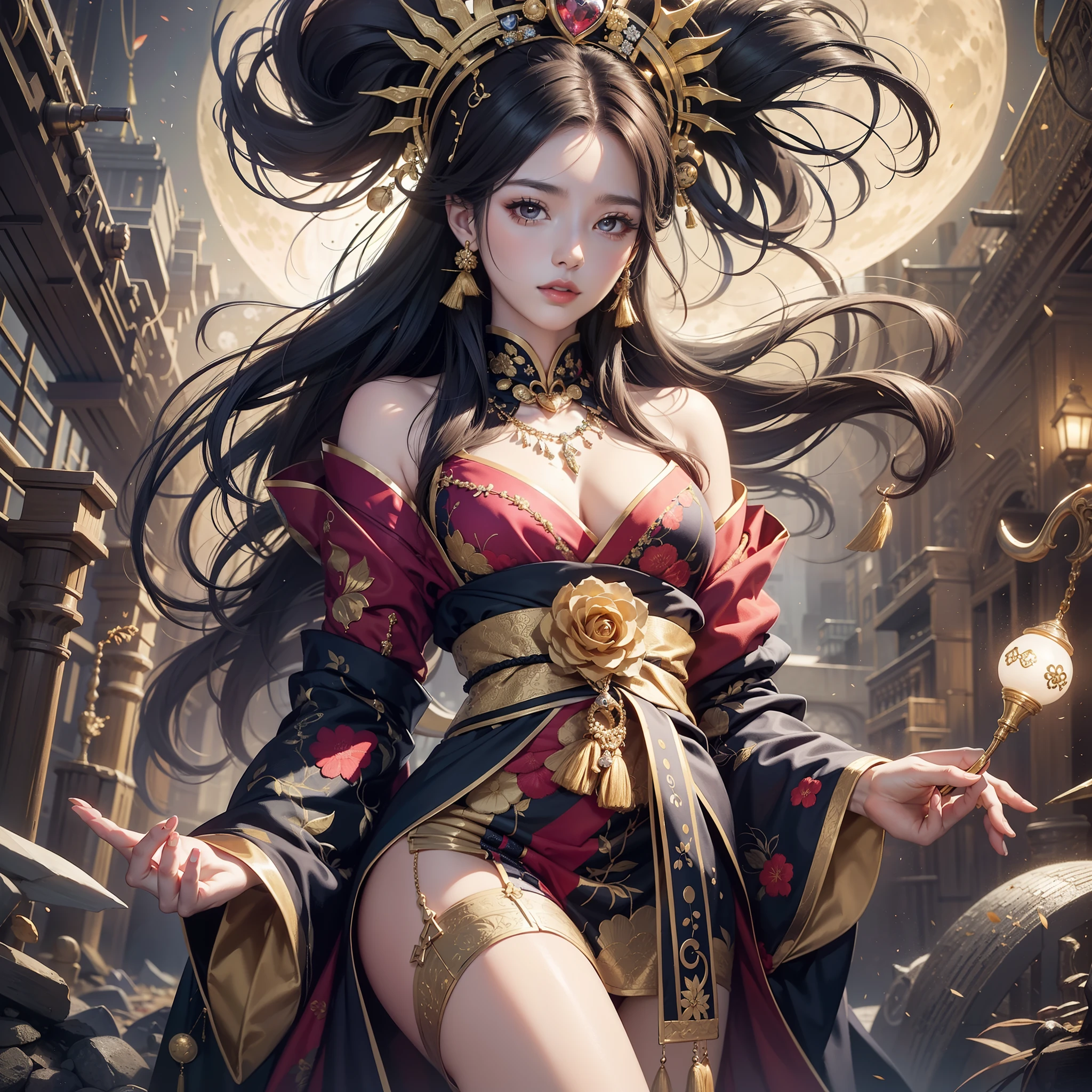 Detailed background((a moon：1.5),Desolate city)、BREAK,elaborate costume{Luxury kimono(Dark red kimono(Detailed golden embroidery,))}、(Japanese Idol(actress):1.2)(face perfect:1.2),Depicting a beautiful and classy adult woman。glossy dark hair,poneyTail,Heart in the eye。 Wallpapers 16K, .Blur the background with a sickle,((masutepiece)), ((Best Quality)),{{a portrait photo of}},full body Esbian、Faraway view,Like a corporate logo