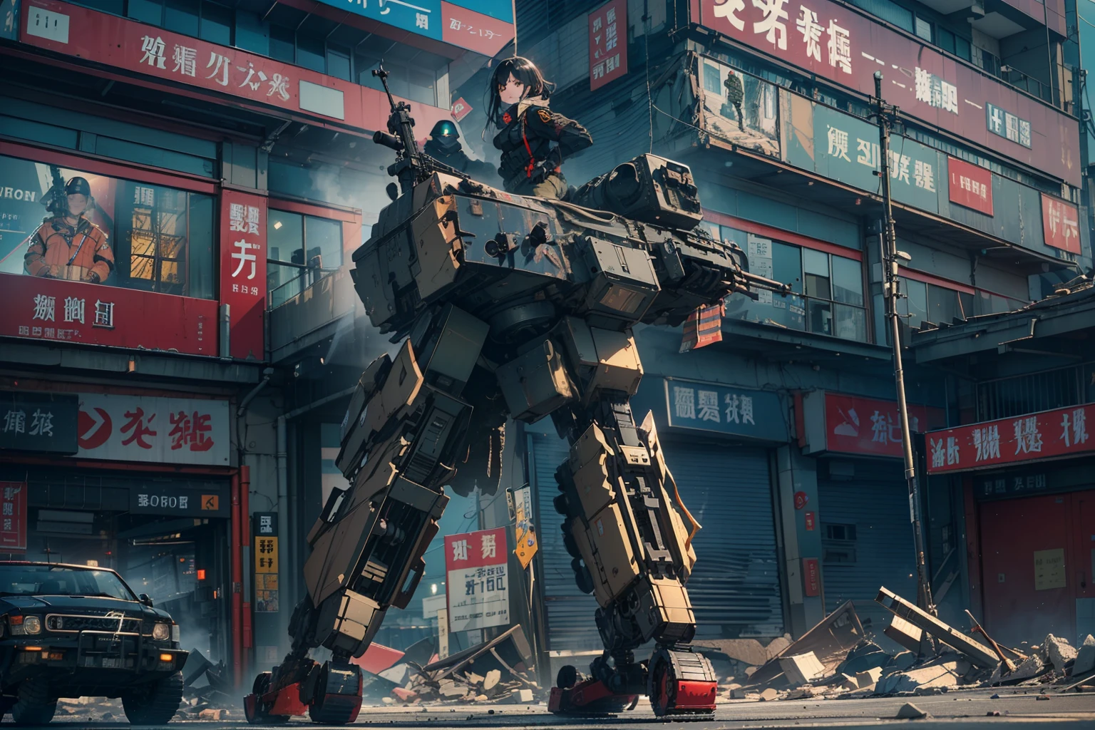 (Broken Red Giant Military Robot)、(One female soldier escaping)、long eyelasher,Blushlush,((​masterpiece、top-quality、extremely details CG、16 K、Cinematographic lighting、lensflare))、(Black combat uniform)、Wide View、thick body、 Photorealsitic:1.4、long Brond Hair、green colored eyes、Have multiple weapons、Precision 1.Aim 4、Lahti L-39 anti-tank gun、direct light、Photographing rubble with a depth of field of 35 mm、Night footage、((Shinjuku at night where special forces fight))、(Sniping with anti-tank rifles)、Hyper Detailed、The wreckage of a giant robot、(wide-angle lens)、What I see