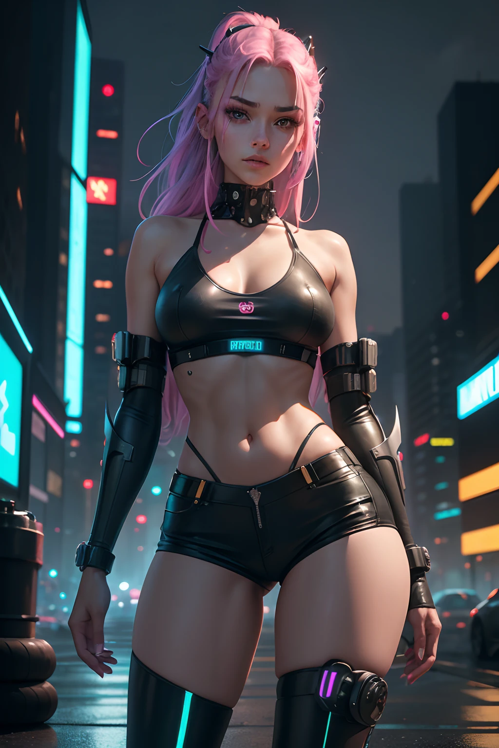 looking down on the camera，full body shot shot，Cyberpunk Style，She has six robotic arms，(Best quality,4K,A high resolution,Ultra-detailed:1.2),Vivid colors,Sharp focus,Physically-based rendering,Extreme detail description,professional,Portrait,Mechanical transparent waist,Long white cascading hair,Perfect facial features,Incredible breasts hang in front of you, Unbelievably exaggerated big buttocks, Wide hips, Incredibly long muscular legs take up two-thirds of the body,Glamorous knitted heels,Unbelievable,Extremely detailed eyes and face,Long eyelashes, Confident and powerful facial expressions,Stand in the futuristic garden, vibrant setting, Colorful flowers and plants,Soft sunlight casts a warm glow on the spot.