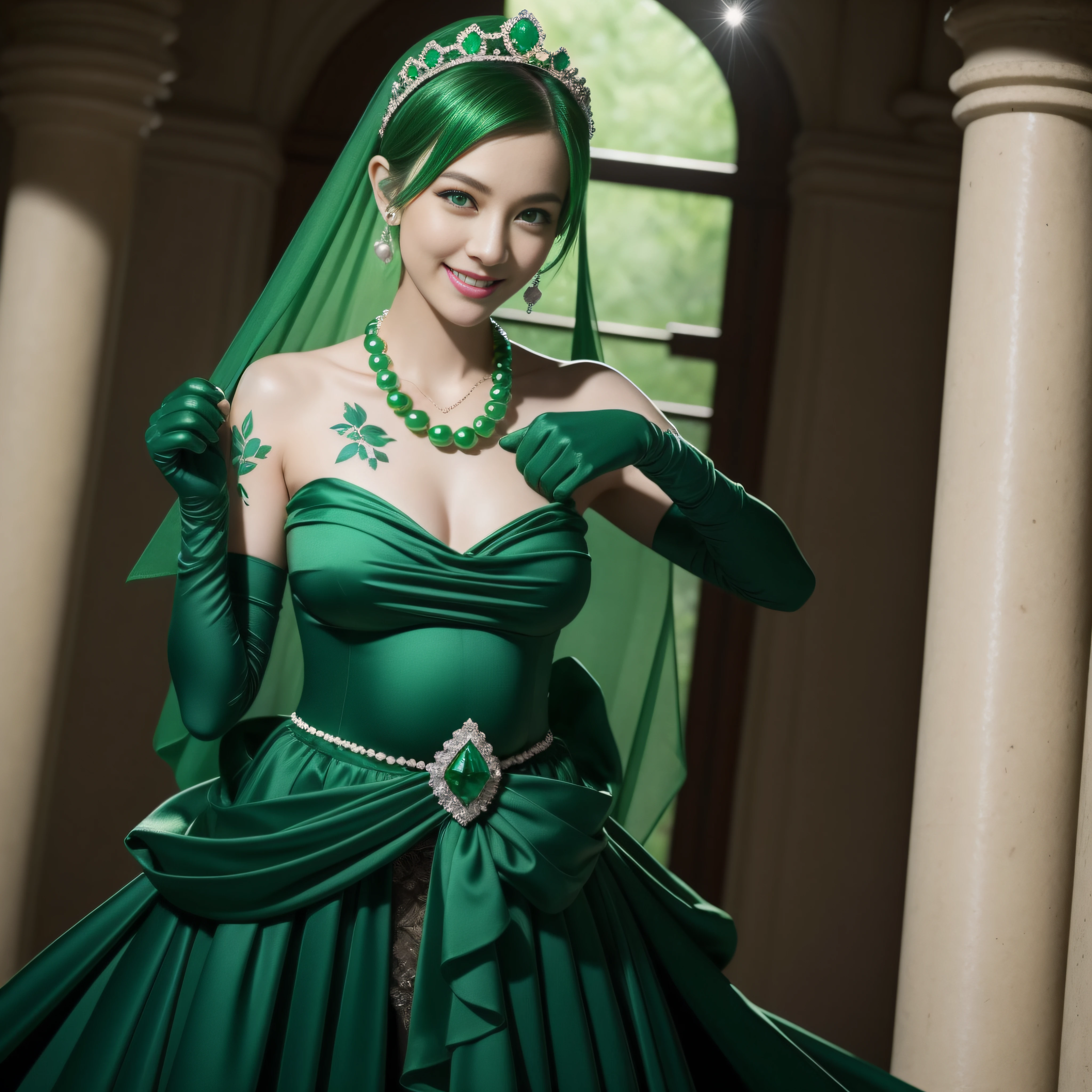 emerald tiara, Green Pearl Necklace, Boyish very short green hair, lipsticks, Japan woman smiling, very short short hair, fist, big breasts beautiful, Green eyes, Long green gloves made of satin material, Green eyes, Emerald Earrings, Pregnancy, Pregnant Woman, The tattoo, The tattoo