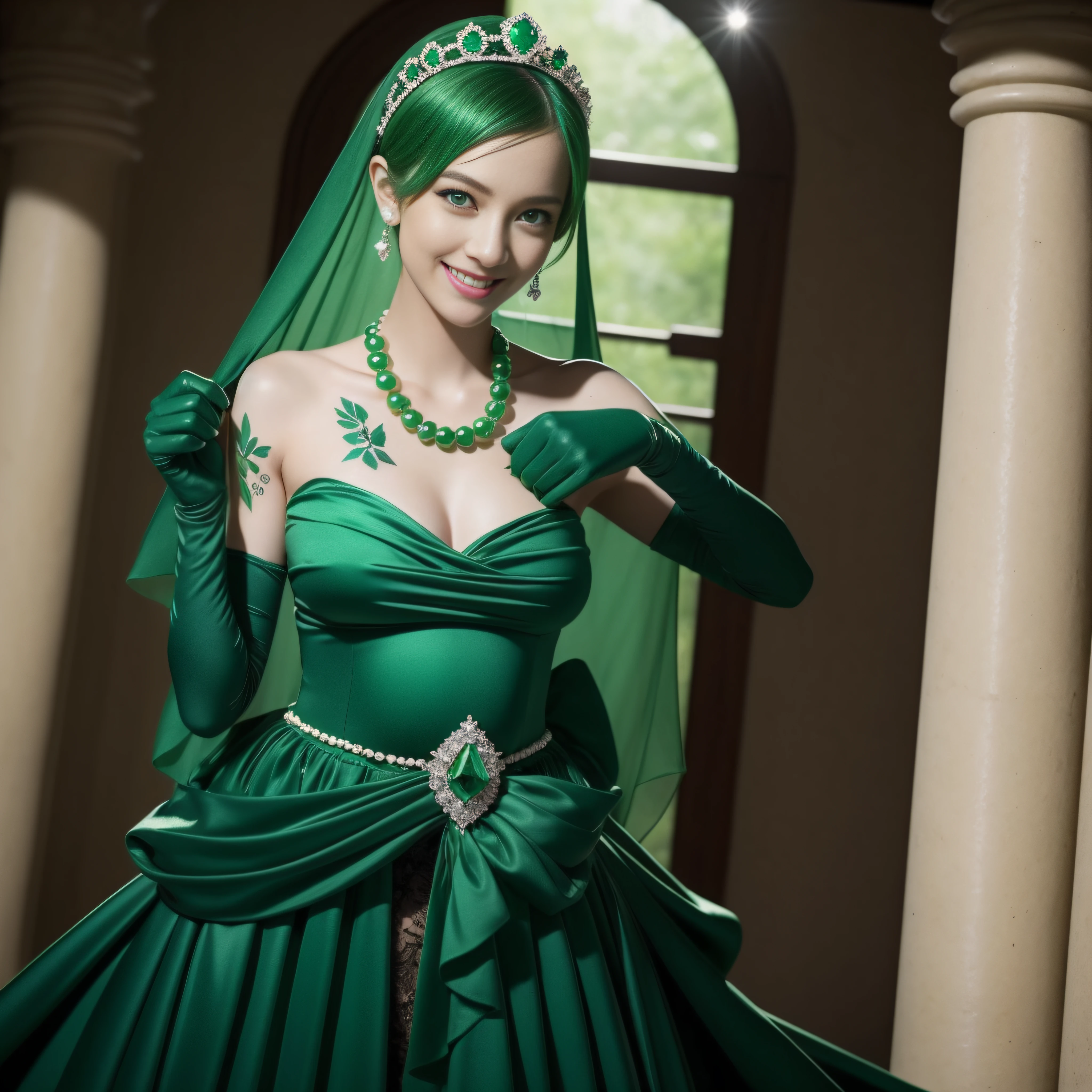 emerald tiara, Green Pearl Necklace, Boyish very short green hair, lipsticks, Japan woman smiling, very short short hair, fist, big breasts beautiful, Green eyes, Long green gloves made of satin material, Green eyes, Emerald Earrings, Pregnancy, Pregnant Woman, The tattoo, The tattoo