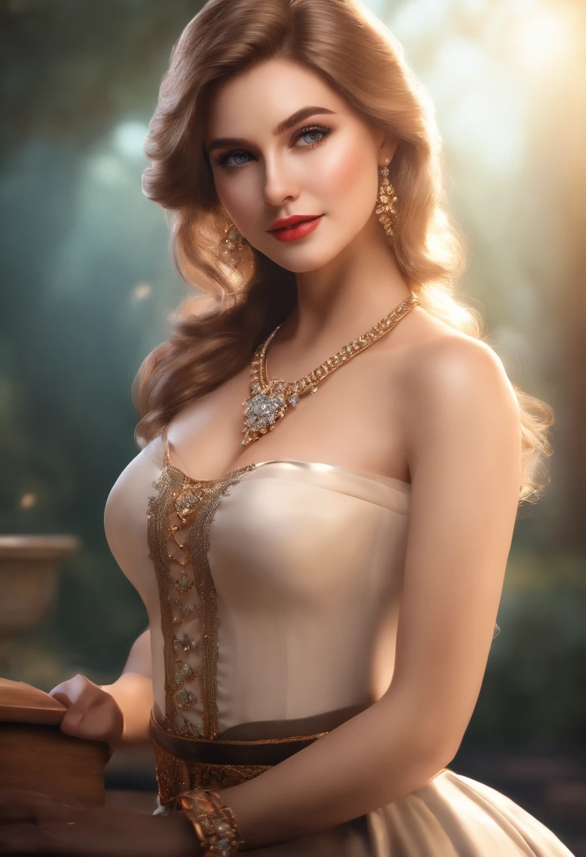 Superb Quality, Masterpiece, High Resolution, 1Girl, Blush, (Seductive Smile: 0.8), Star Pupil western girl, Hair Accessories, heavy bust, Necklace, Jewelry, Beauty, on_body, Tyndall Effect, Realistic, Shadow Room, Light Edge, Two-tone Lighting, (High Detail Skin: 1.2), 8K UHD, SLR, Soft Light, High Quality, Volume Lighting, Candid Photo, High Resolution, 4K, 8K, Background Blur, Real Person