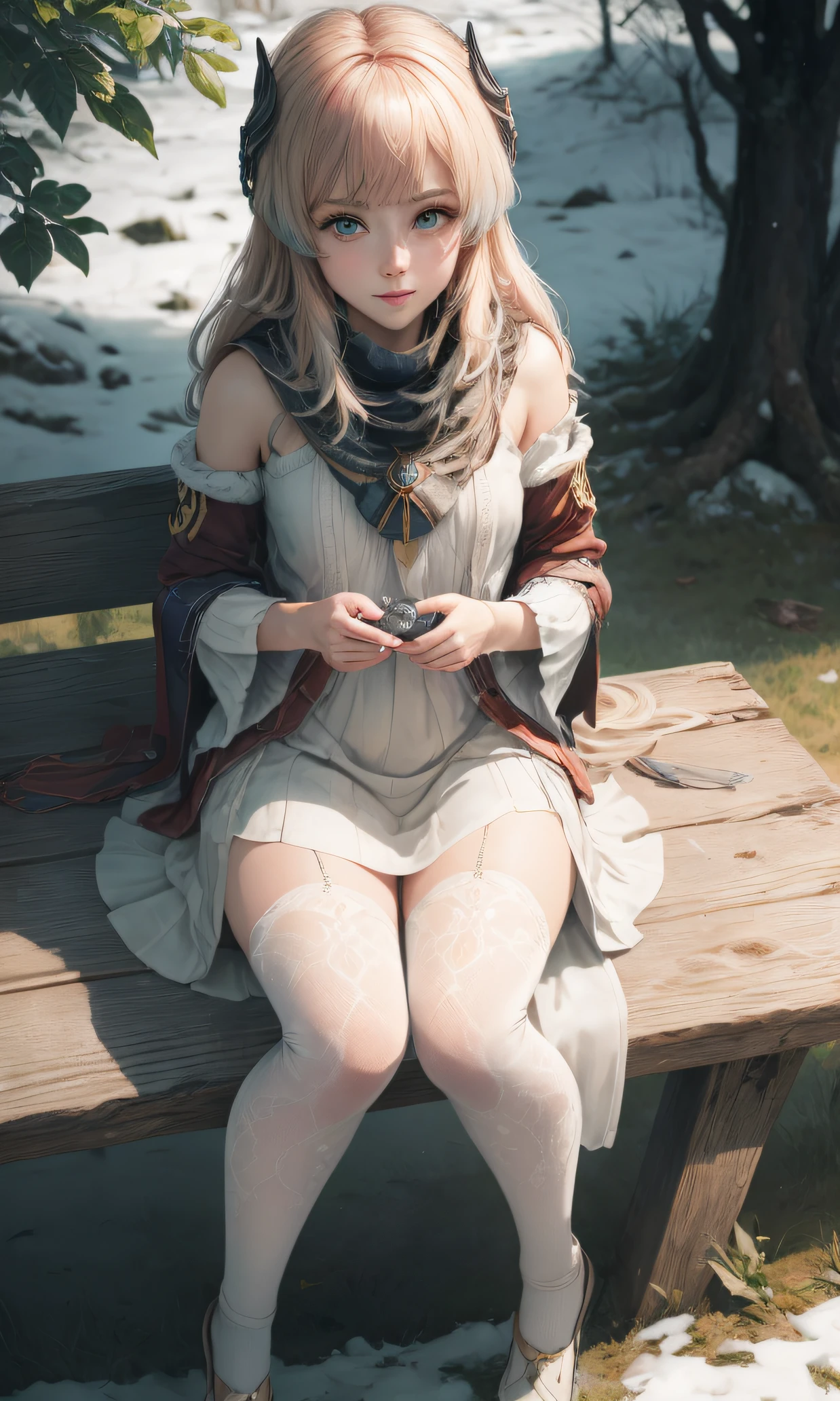 Girl sitting on a bench, nahida, pixie, elf ears, Beautiful ears, green colored eyes, People's casual clothes, pantyhouse, white pantyhose, Winter time, snowing, little chest, You can see the underpants, Upskirt, blackskirt, Elf Girl, 8k Graphics High-quality detailed graphics, ((Masterpiece)), Top Quality, accuracy, ((((super detaill))))