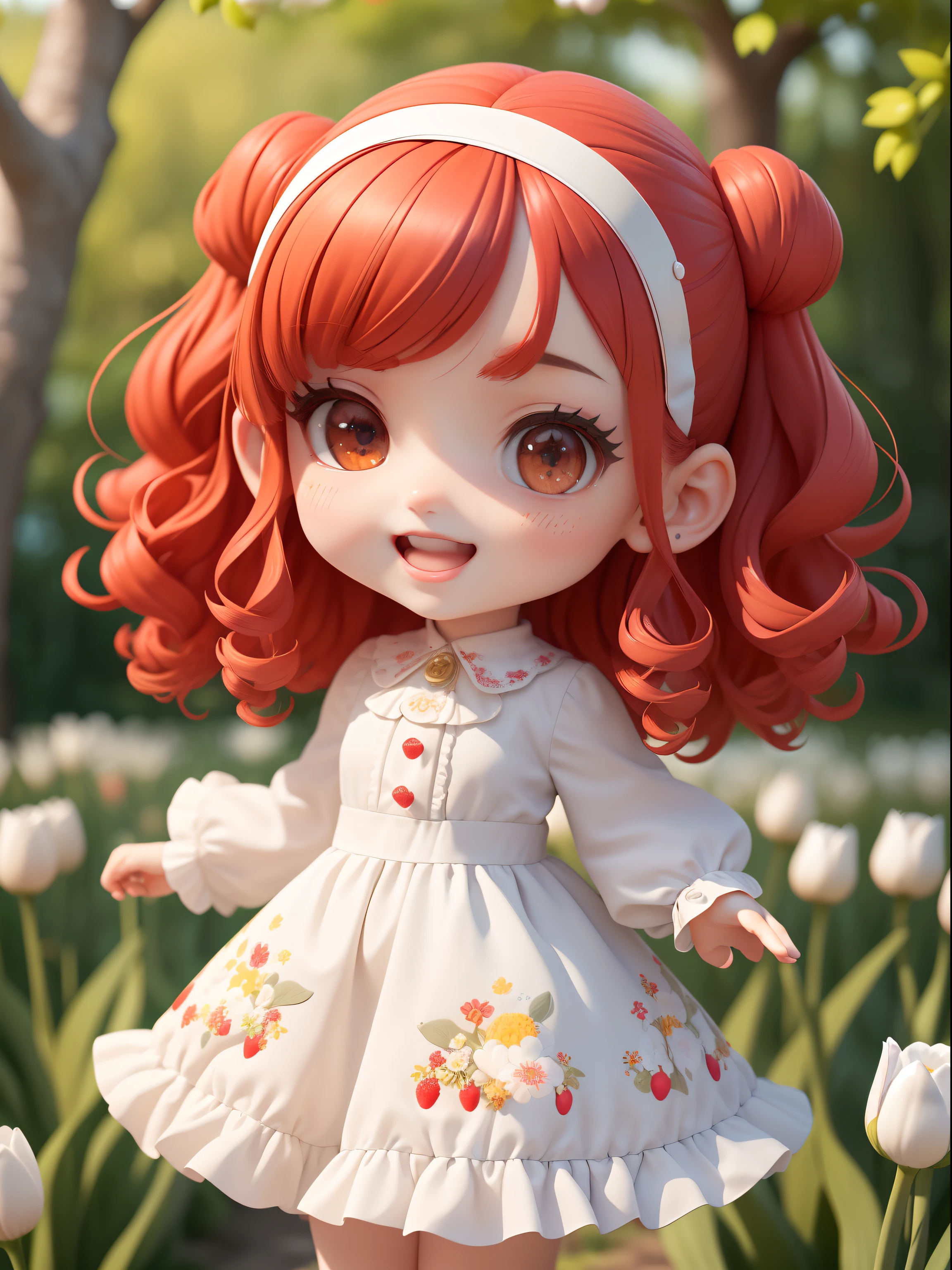 (masterpiece),(best quality),(ultra-detailed), (full body:1.2), 1girl,chibi,cute, smile, open mouth, white tulip flowers, outdoors, blush, tree, :3, short curly red hair, blurry, red hair, long sleeves, bangs, strawberry print dress , strawberry earrings, (beautiful detailed face), (beautiful detailed grey eyes),
(beautiful detailed face), (beautiful detailed eyes)