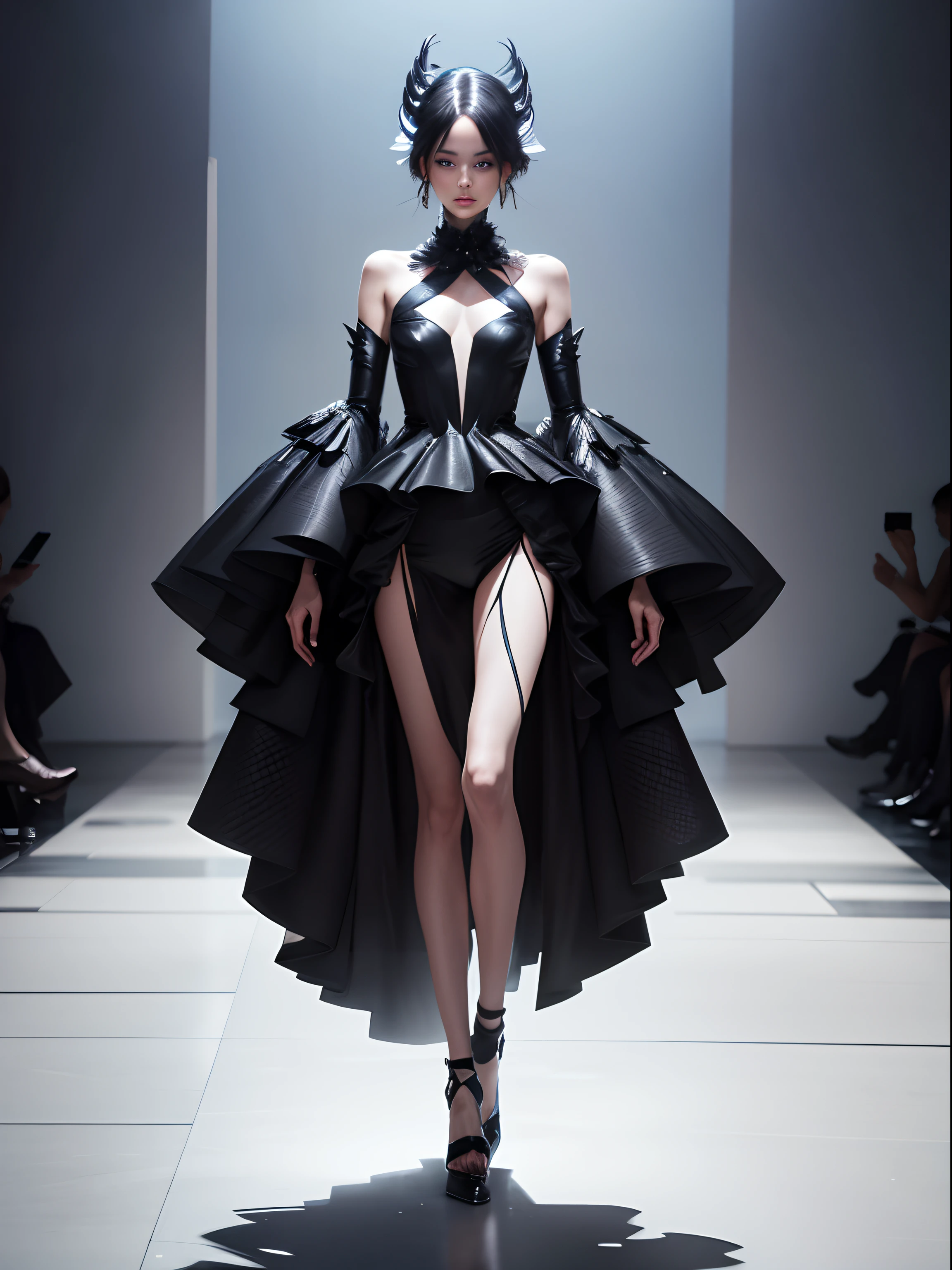 "Produce AI art that portrays a fashion model walking on an abstract, otherworldly runway with unconventional materials, creating an avant-garde atmosphere."