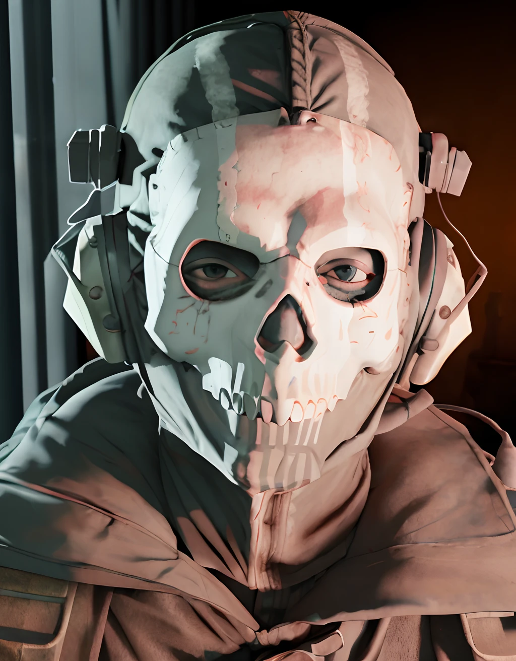 ghost mask, Men in mask portrait, militar, theeth, na rua, close-up shot, backlight, ultrarrealista, ray tracing, olhar intenso, (cinematic lighting:1), escutando music