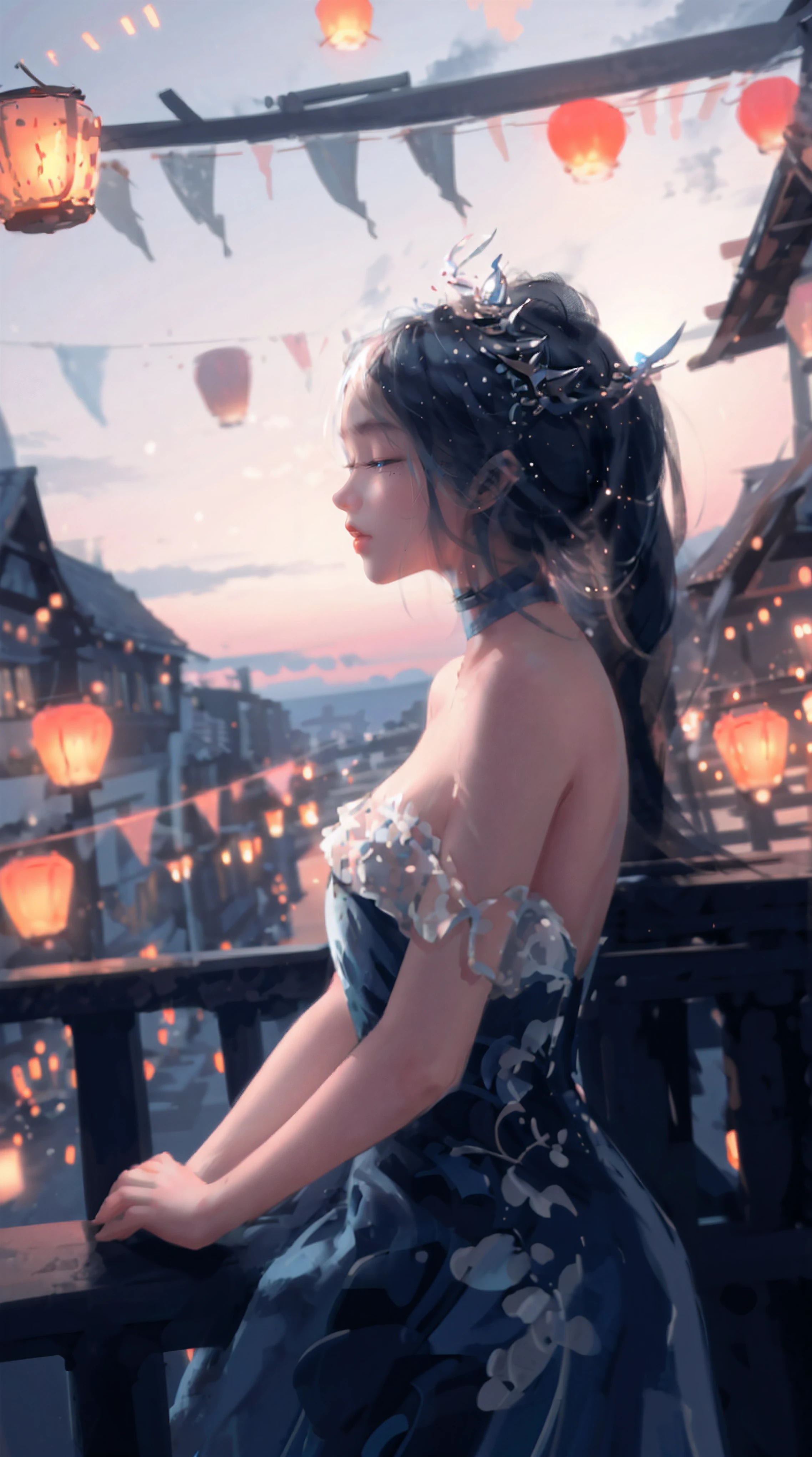 1girl, solo, lantern, wind, own_hands_together, sky, hair_ornament, cloud, bare_shoulders, closed_eyes, dress, paper_lantern, outdoors, choker, sitting, from_side, profile, blue_choker, blue_dress, floating_hair, railing, cloudy_sky, closed_mouth, scenery, own_hands_clasped