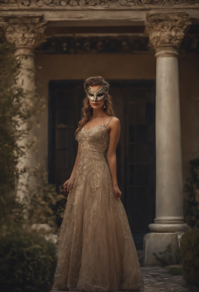 best quality,4k,8k,highres,masterpiece:1.2,ultra-detailed,realistic,photorealistic:1.37,portraits,illustrations,oil painting,rich colors,vibrant tones,soft lighting,detailed textures,longeyelashes,lively eyes,detailed lips,ethnic mix girl,beautiful hairstyle,wearing a masquerade mask,flowing gown,dancing gracefully in a Venetian garden,with the moon shining down on her,sparkling stars in the sky,romantic atmosphere,enchanted garden,fragrant flowers,whispering trees,peaceful reflection pond,soft breeze,quiet ambiance,whimsical theme,elegant pose,storytelling composition,majestic pillars,decorative masks,hidden identities,dreamlike setting,magical night scene,mysterious charm,ethereal beauty,artistic depiction. mask