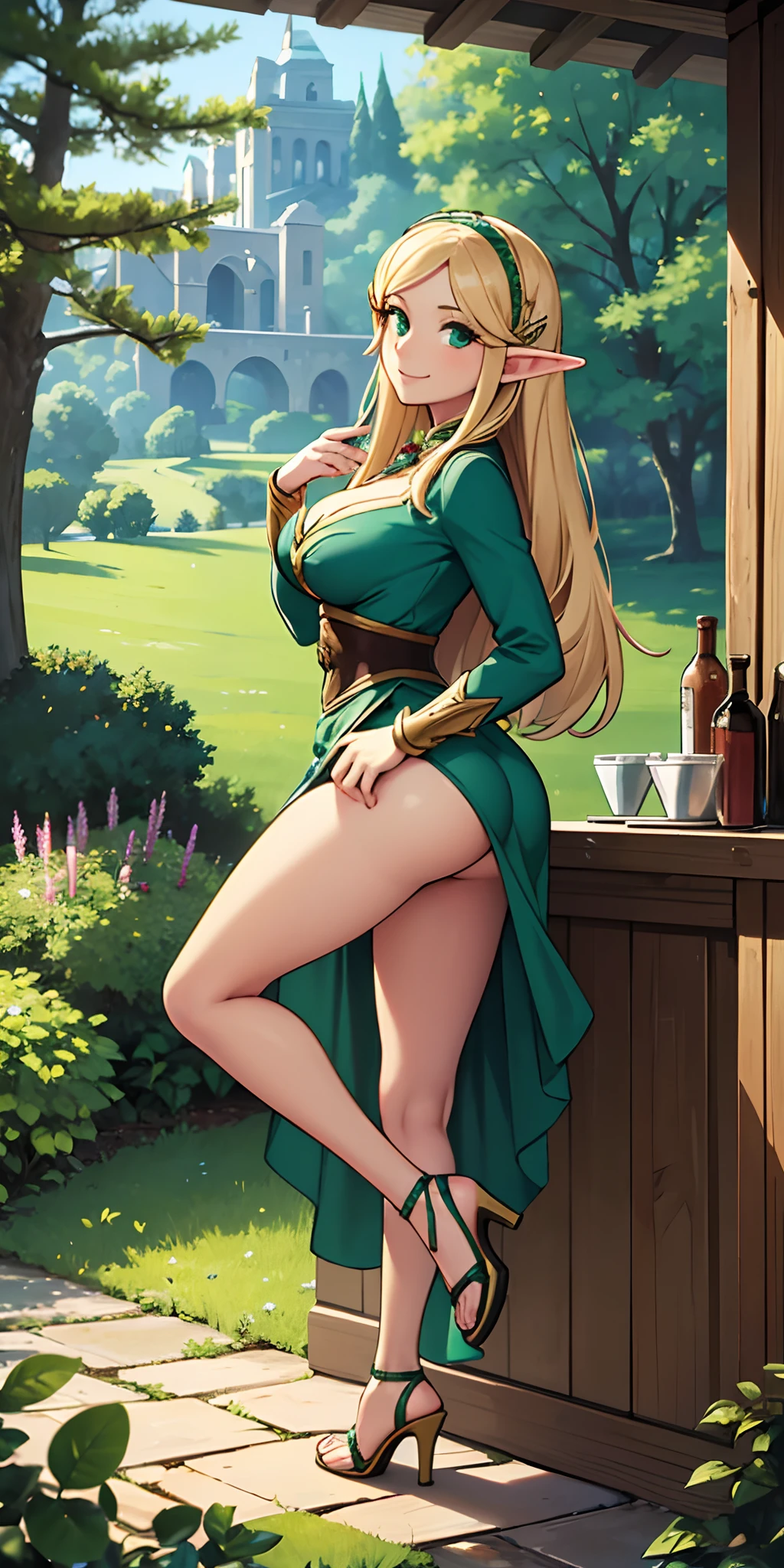 Masterpiece, Best Quality, 1girl, elf, Green eyes, blonde, (Standing:1.1), (woods:1.1), ass pov, Perfect eyes, hands at side, rivers, Portrait, full - body, Smile, Sandals with heels, Beautiful landscape, the trees