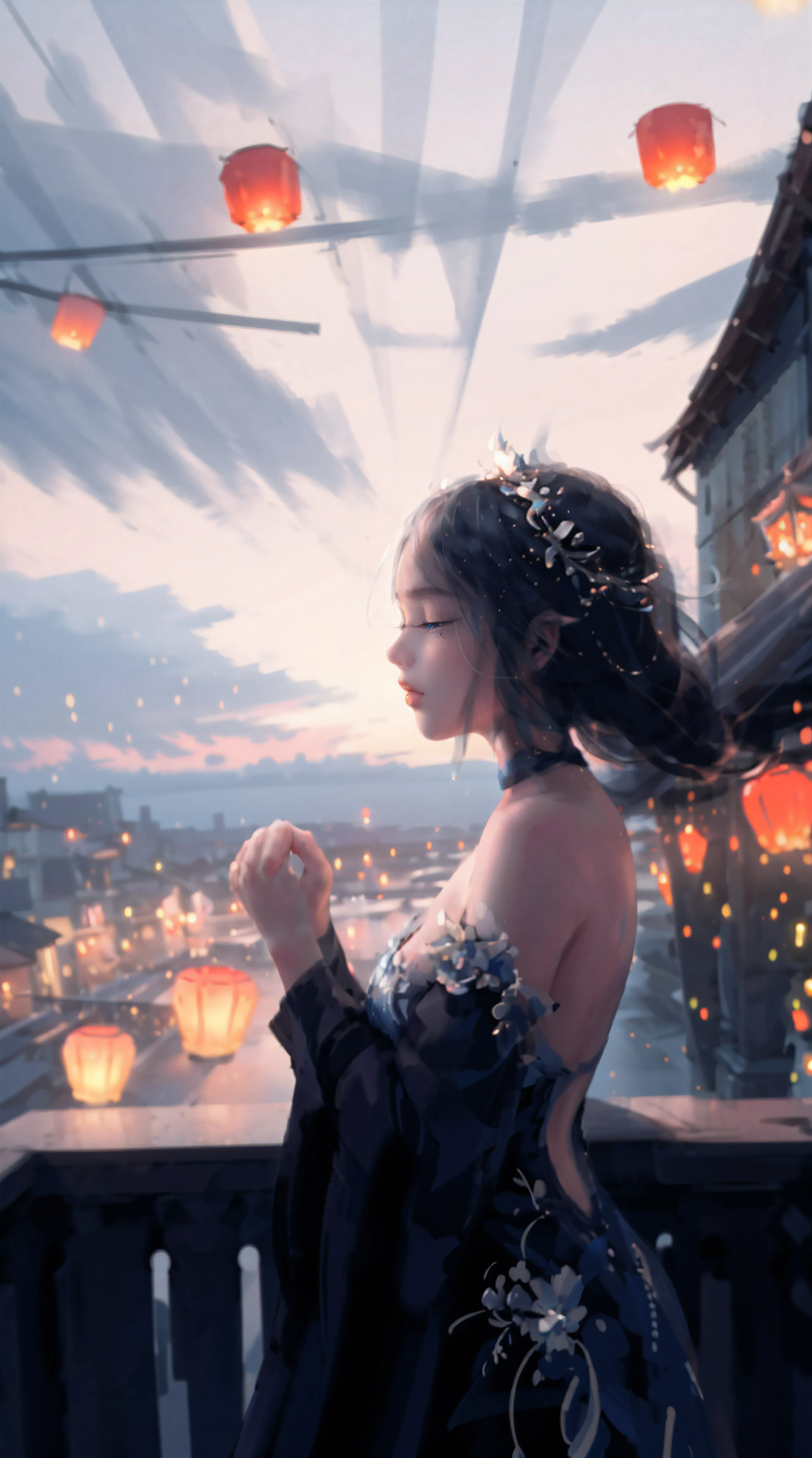 1girl, solo, lantern, wind, own_hands_together, sky, hair_ornament, cloud, bare_shoulders, closed_eyes, dress, paper_lantern, outdoors, choker, sitting, from_side, profile, blue_choker, blue_dress, floating_hair, railing, cloudy_sky, closed_mouth, scenery, own_hands_clasped