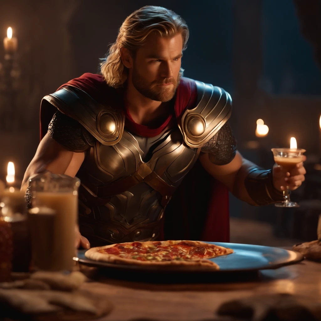 Muy gordo Thor come pizza grande, Detalles altos, Ultra foto realsisim, realista, 8k
