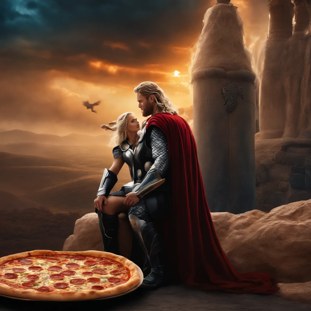 Muy gordo Thor come pizza grande, Detalles altos, Ultra foto realsisim, realista, 8k