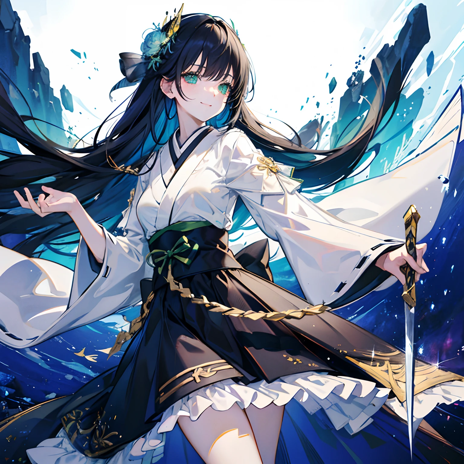 masterpiece, best quality, ultra-detailed, extremely detailed, 4K, 8K, best quality, beautiful, illustration, anime style2, full body, night, Starry sky, a pretty woman, solo, dress, beautiful black hair, beautiful green eyes, beautiful eyes, white-skinned, long hair, black gloves, hair ornaments, ribon, Japanese sword, light smile, cool