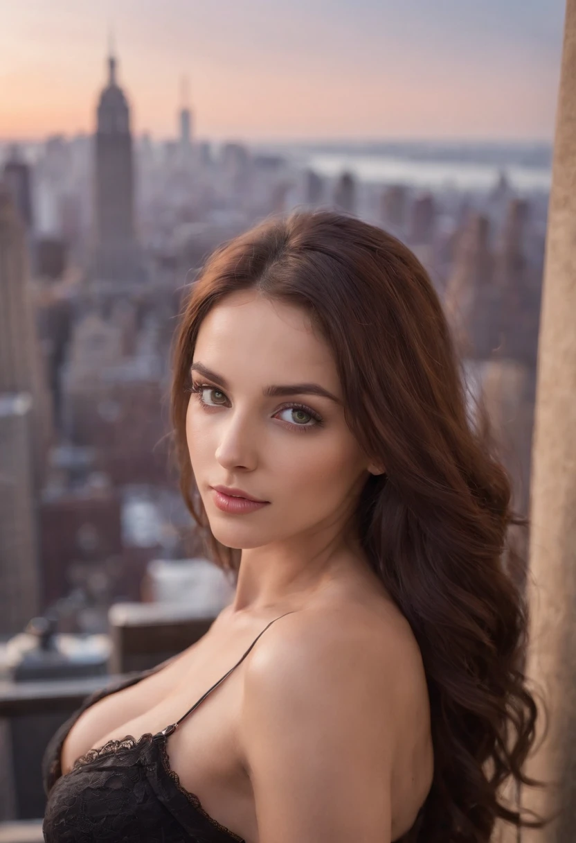 arafed woman, y girl with green eyes, brown hair and large eyes, selfie of a young woman, bedroom eyes, violet myers, without makeup, natural makeup, looking directly at the camera, face with artgram, subtle makeup, stunning full body shot, piercing green eyes, beautiful angle, cute girl, full body picture, full body, full body shoot, brunette goddess, high detail, sexose, new york city skyline in the background