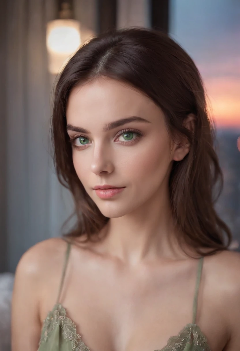 arafed woman, sexy girl with green eyes, brown hair and large eyes, selfie of a young woman, bedroom eyes, violet myers, without makeup, natural makeup, looking directly at the camera, face with artgram, subtle makeup, stunning full body shot, piercing green eyes, beautiful angle, cute girl, full body picture, full body, full body shoot, brunette goddess, high detail, sexy pose, new york city skyline in the background