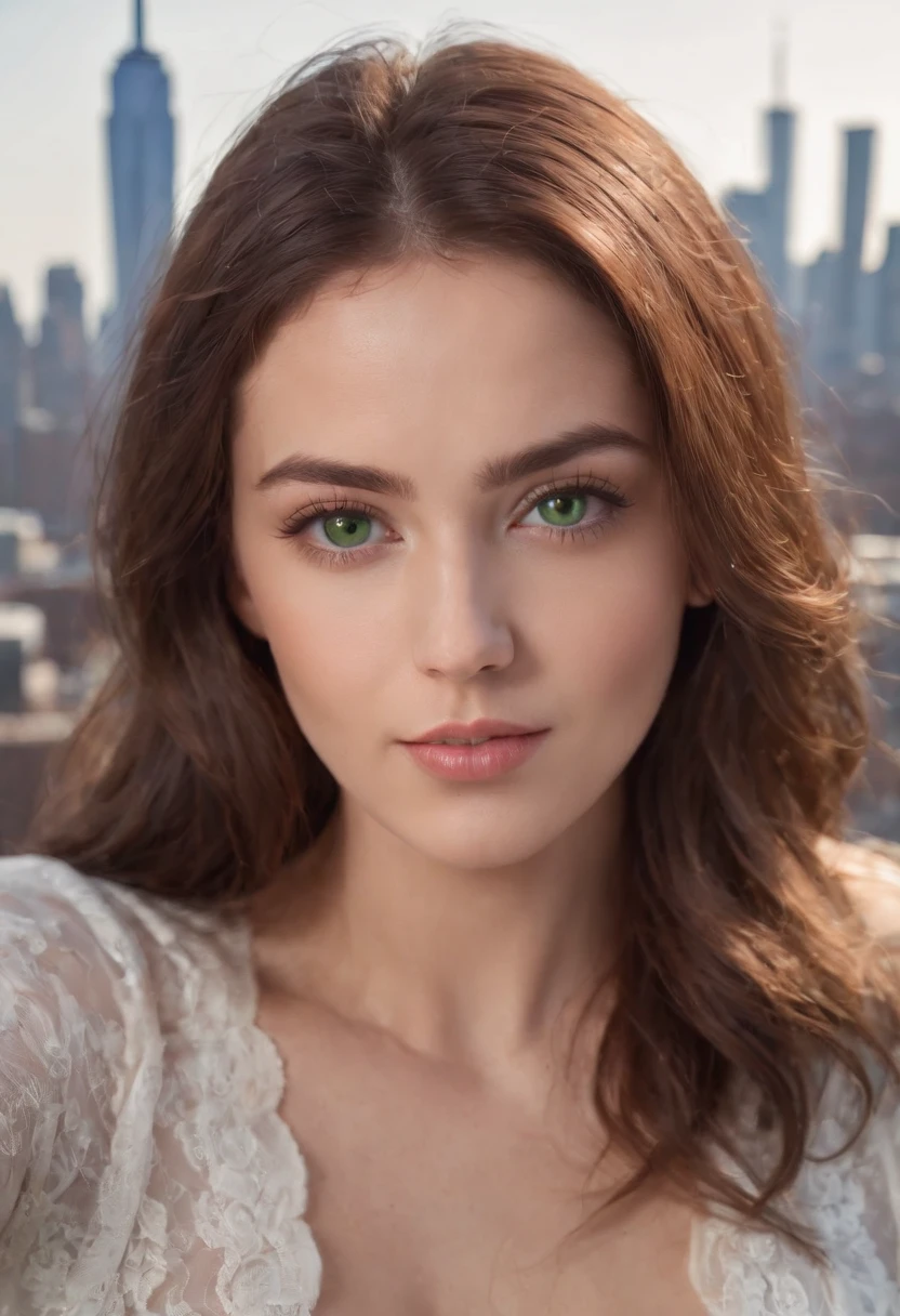 arafed woman, sexy girl with green eyes, brown hair and large eyes, selfie of a young woman, bedroom eyes, violet myers, without makeup, natural makeup, looking directly at the camera, face with artgram, subtle makeup, stunning full body shot, piercing green eyes, beautiful angle, cute girl, full body picture, full body, full body shoot, brunette goddess, high detail, sexy pose, new york city skyline in the background
