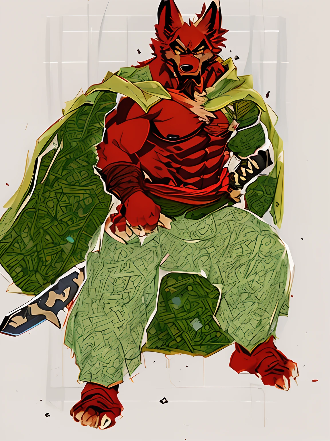 Kratos red wolf samurai, wearing a green cape and holding a katana