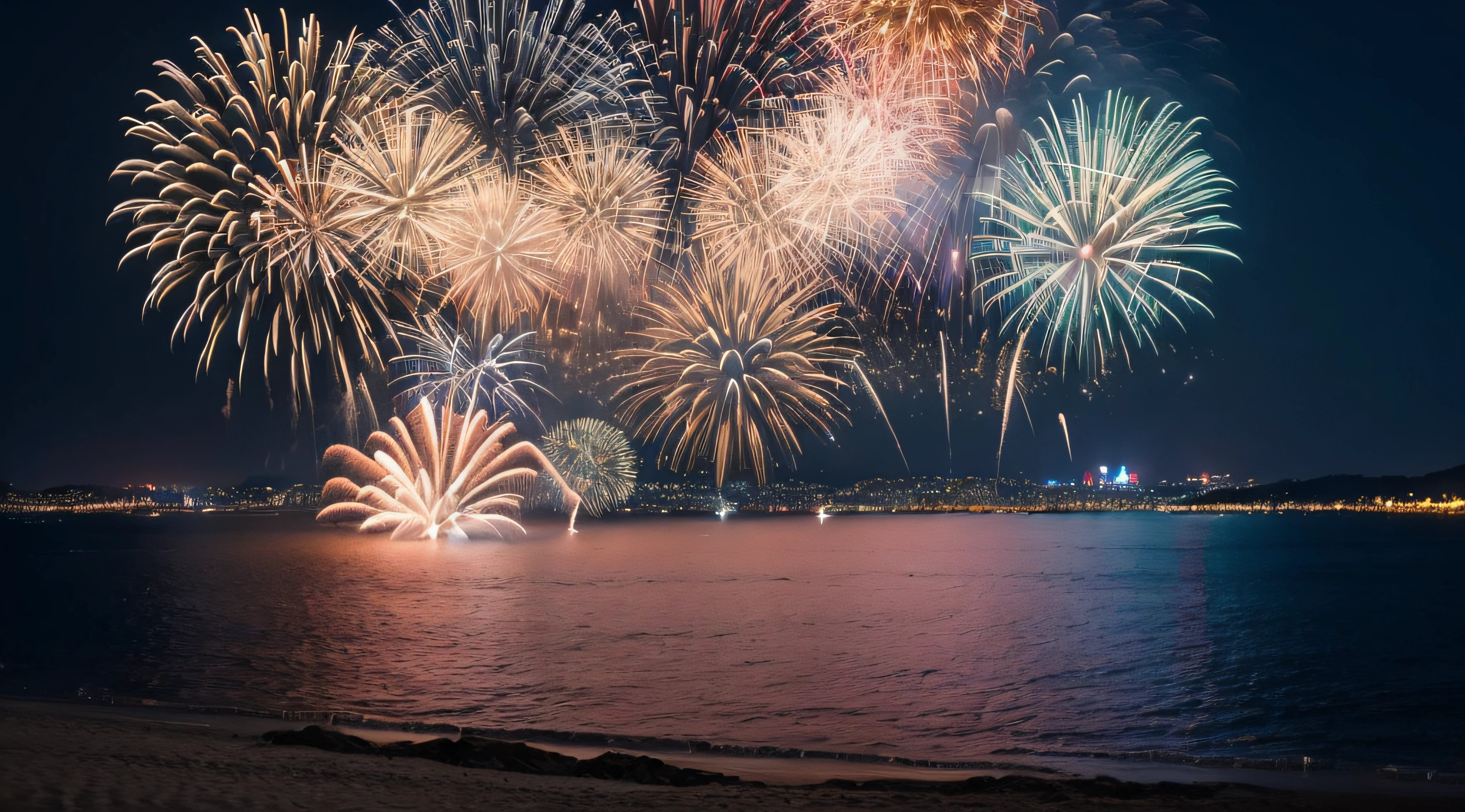 Vast night sky pictures,((Top quality:1.4),(Unparalleled masterpiece),Night Sky: 1.4,(Fireworks: 1.4, Aerial Fireworks: 1.4), highly detailed 8k CG unit,,Bokeh,Depth of field,, Beach, Sea, Volumetric Lighting,(Dynamic Composition: 1.4),Bikini girl standing on the beach, character 0.3, Very detailed, Colorful details, (Iridescent: 1.2), (glow illumination, atmosphere lighting), dreamy, magical, (solo: 1.2),
