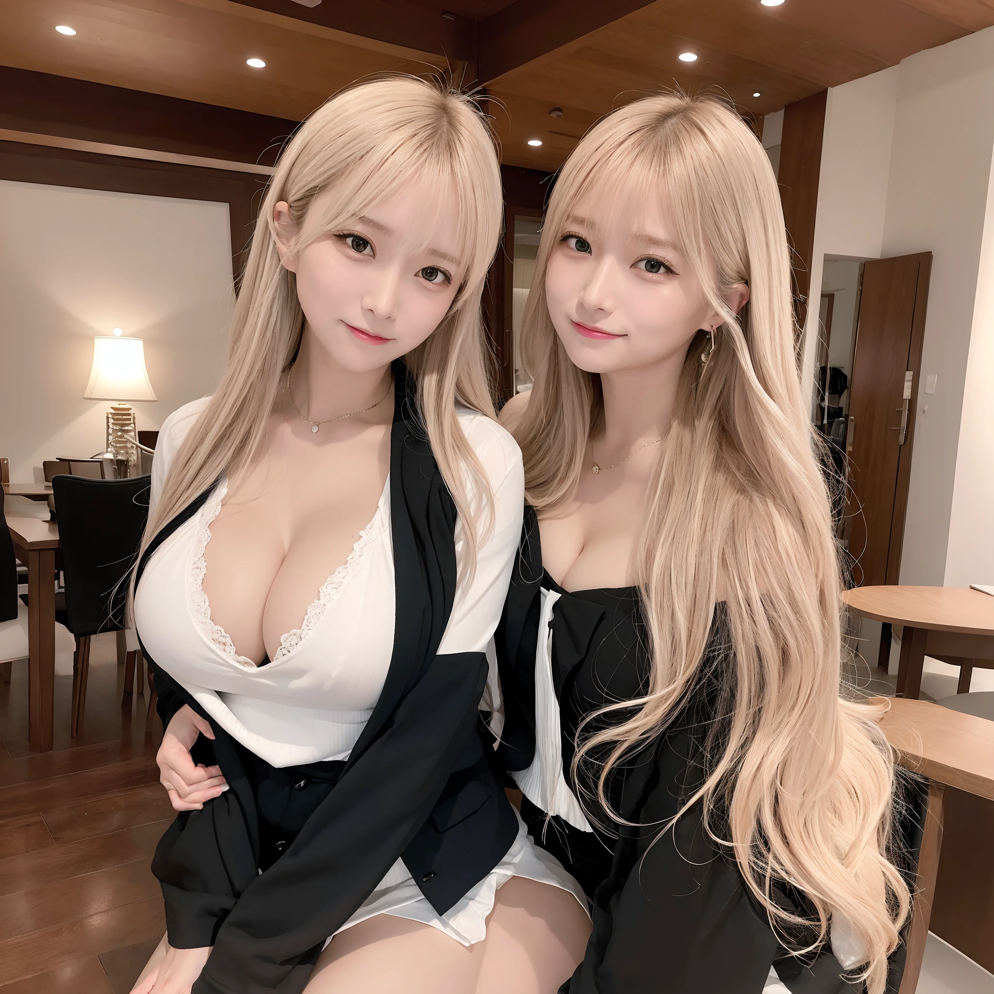 top-quality、​masterpiece、超A high resolution、(Photorealsitic:1.4)、Raw foto、1 girl in、a blond、full body Esbian、large full breasts、Ultra exposed cleavage、erotick、Erotic look、gargantilha、二重まぶた、Loose and fluffy perm、semi long hair、In a blazer、Hahata、Panchira、