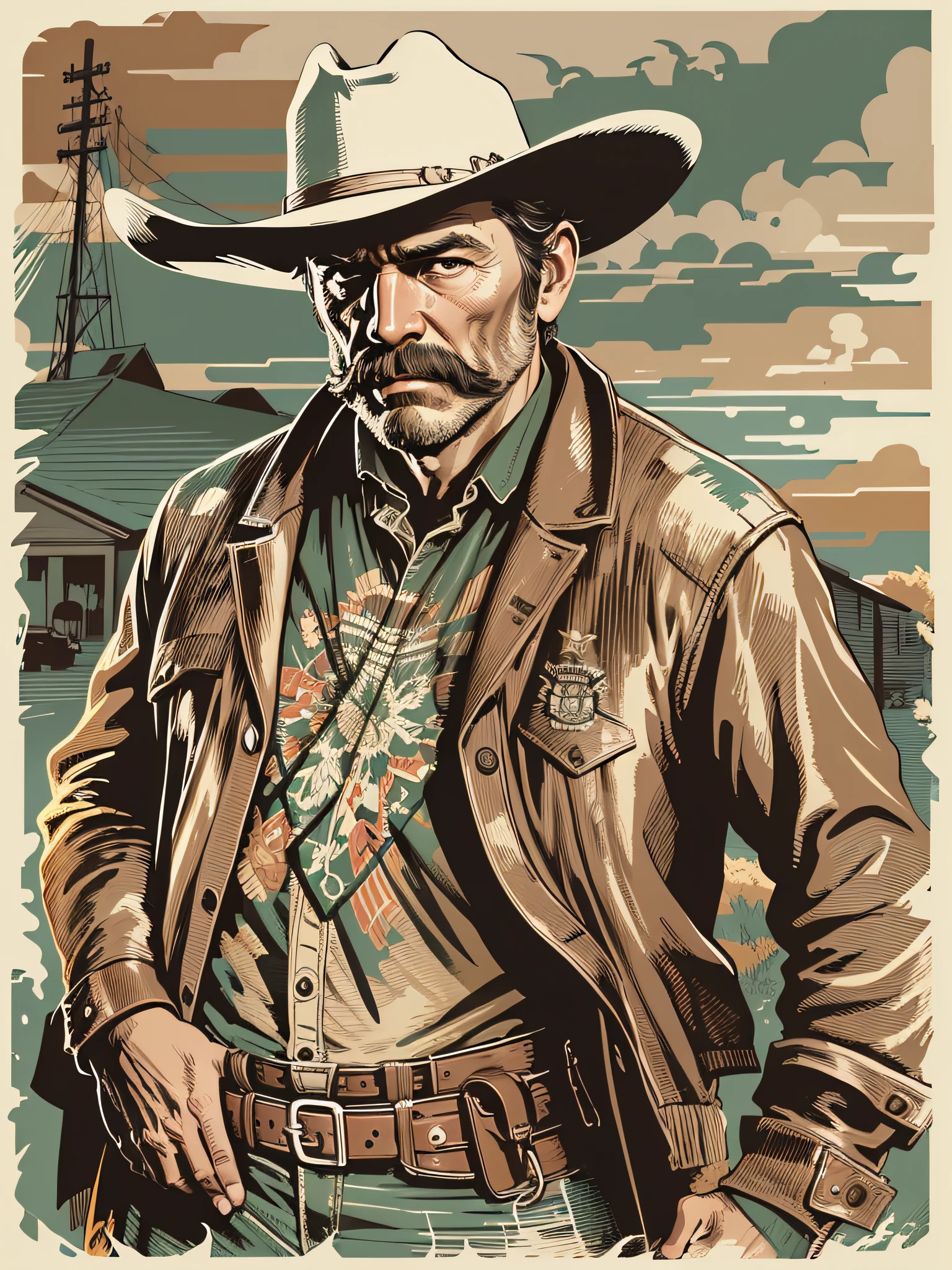 High quality design vector style image, t-shirt print style, cowboy graphic art white background realistic colors, american old west scene, vector image.