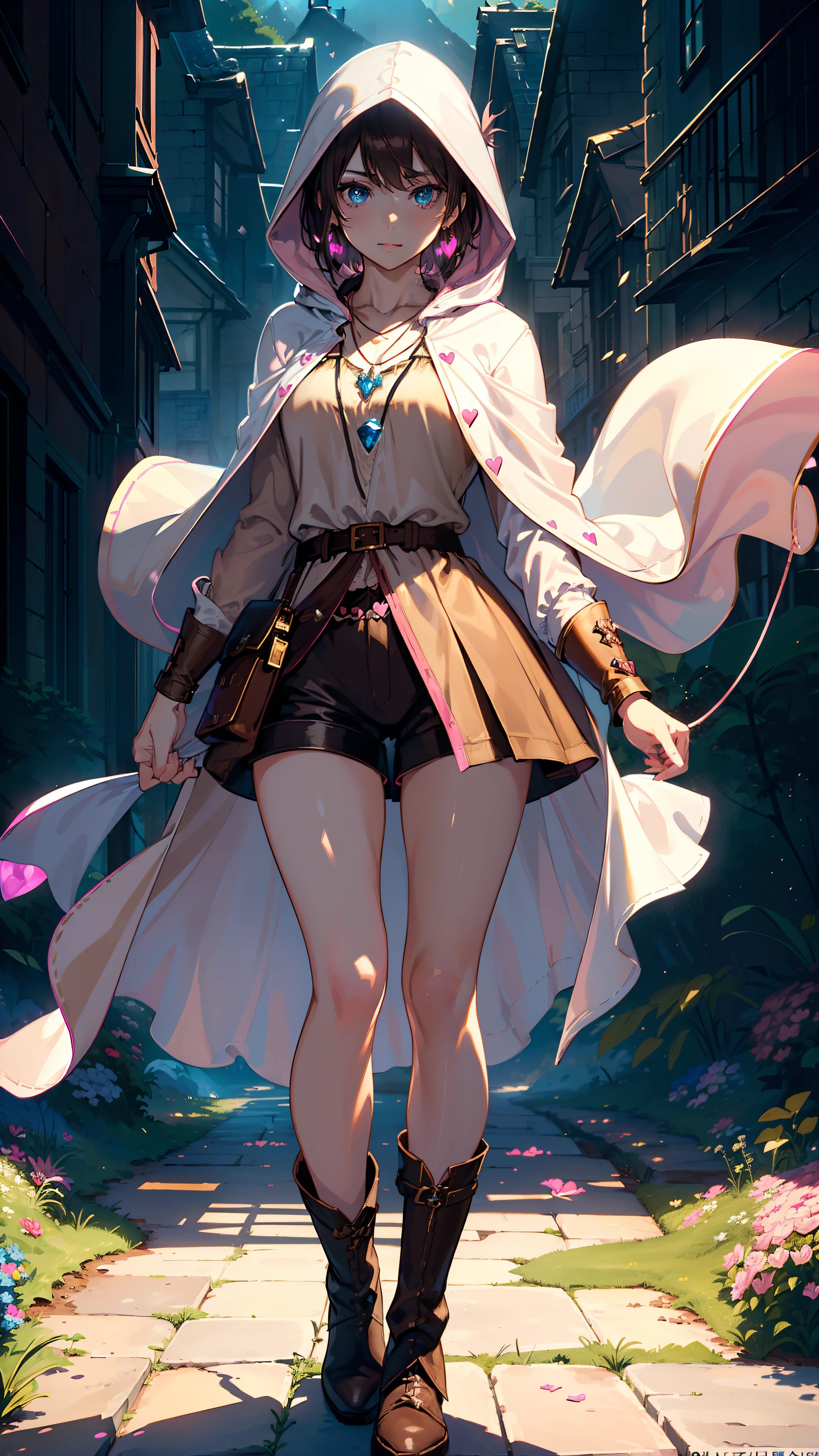 masutepiece, ultra-detailliert, 8K Portrait, Raw photo, a portrait photo of, Highly detailed face, beautiful and meticulous eyes, ((Fantasy)), Young beautiful,  girl, Light brown short hair, Kind face, Cute smile, adventurer, (((Hooded))) (((White silk long cape))) Fluttering in the wind, (((Brown Shirt Dresses))), (((Dark brown shorts))), ((Leather boots)), (((Pink Heart Necklace))), One-sided blue earrings, ((Single Sided Blue Jewel Bracelet)), Holding a bottle of maple syrup, Midday Sun, Hyper realistic, Body model, tiny chest, beutiful breast, Long legs, in a castle, Camera focus on face, Ambient lighting, Shadow details, strong breeze, Light fog