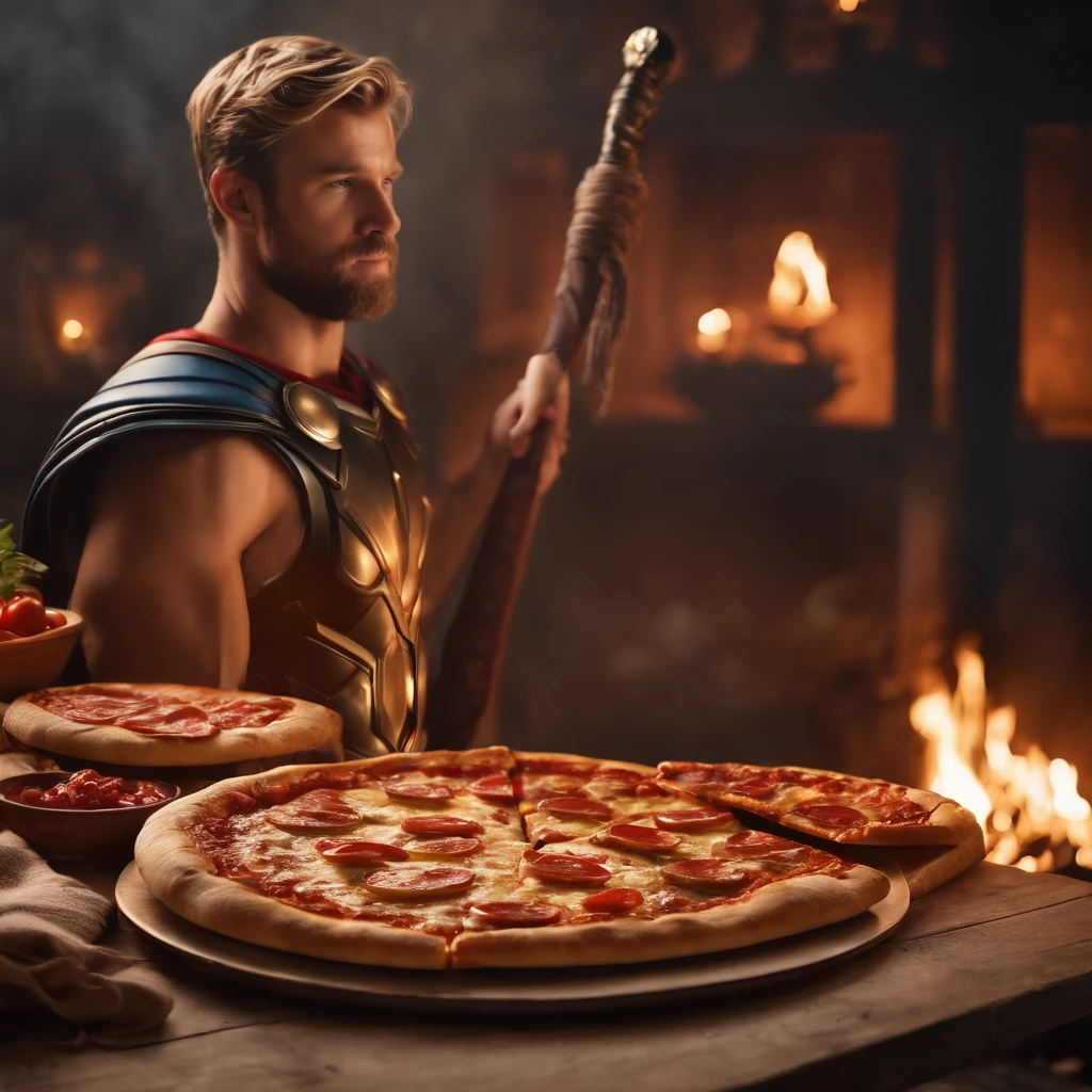 Muy gordo Thor come pizza grande, Detalles altos, ultra foto realsisim, realista, 8k