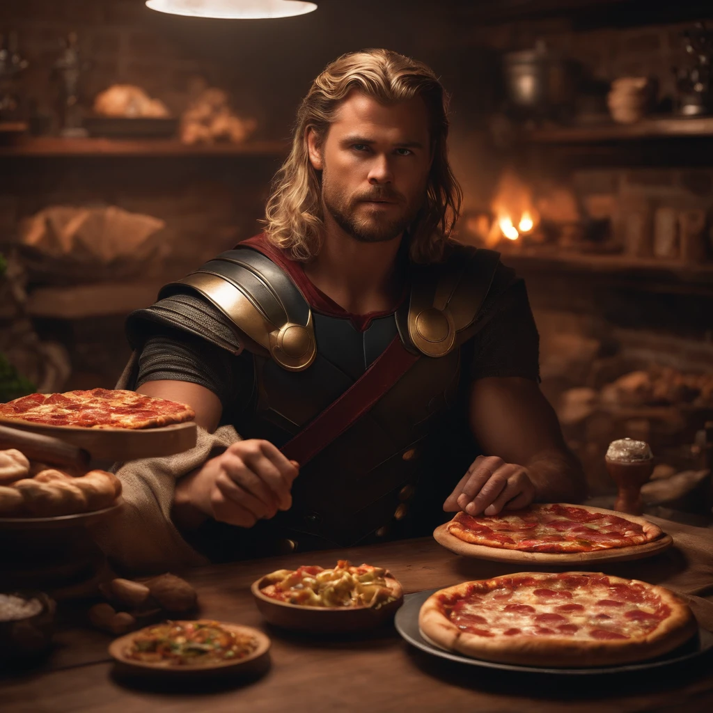 Muy gordo Thor come pizza grande, Detalles altos, ultra foto realsisim, realista, 8k