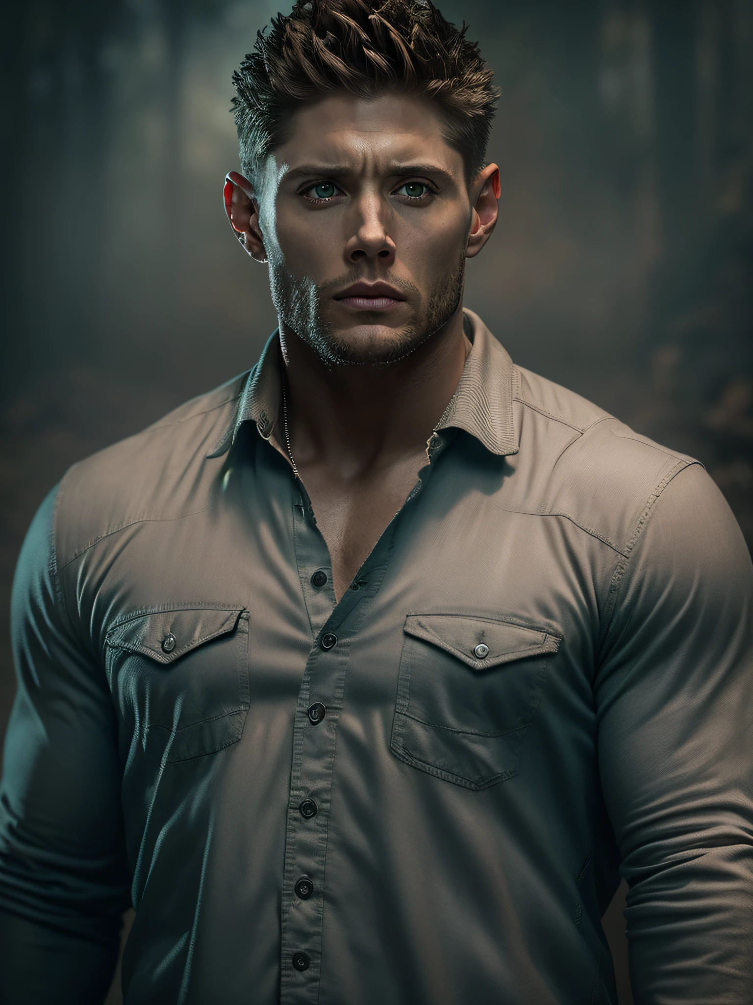 (8K, Best Quality, Masterpiece:1.2), (Photorealistic:1.4), RAW photo, Best Quality, extra high resolution, better shadow, (full - body:1.2), (Dean Winchester), Jensen Ackles,  naked torso, Large-scale stunning surroundings, Horror, Dark horror, highly detailed facial features, Beautiful and flawless face, Perfect eyes