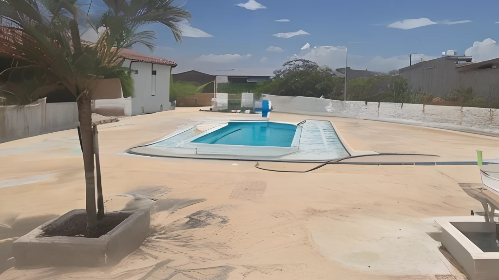 There is a small pool in the middle of a concrete backyard, piscina, piscina, piscina em frente, imagem limpa, Piscinas, piscina, Completo - Ver, Beautiful image, palacete, imagem de listagem, paradise in the background, Fotografia tirada em 2 0 2 0, description, courtyard, Foto realista, sit on the edge of swimming pool
