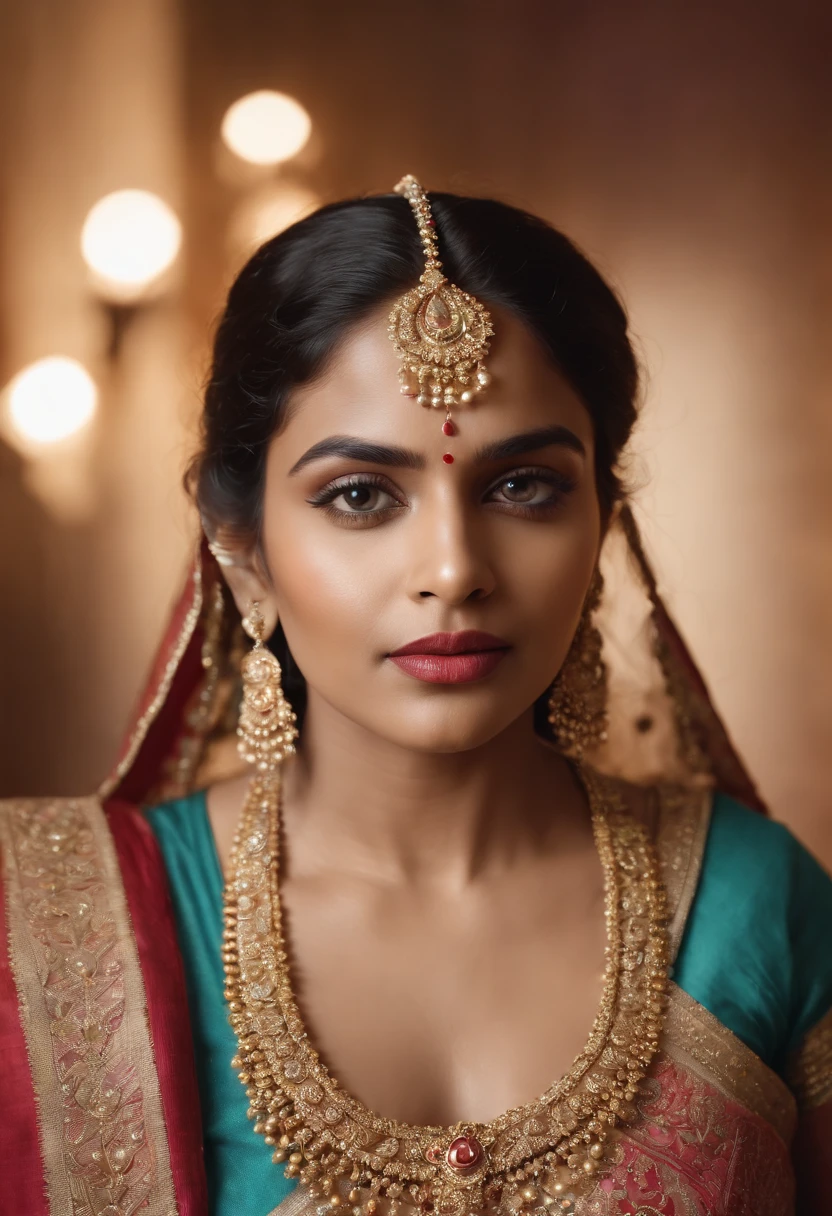 photo-realistic,studio-quality portrait of a fair south indian mythical ancient queen wearing luxurious and ornate clothing. intricate details opals and floral embellishments, diffused lighting,symmetrical depth of field,sharp focus,unreal engine