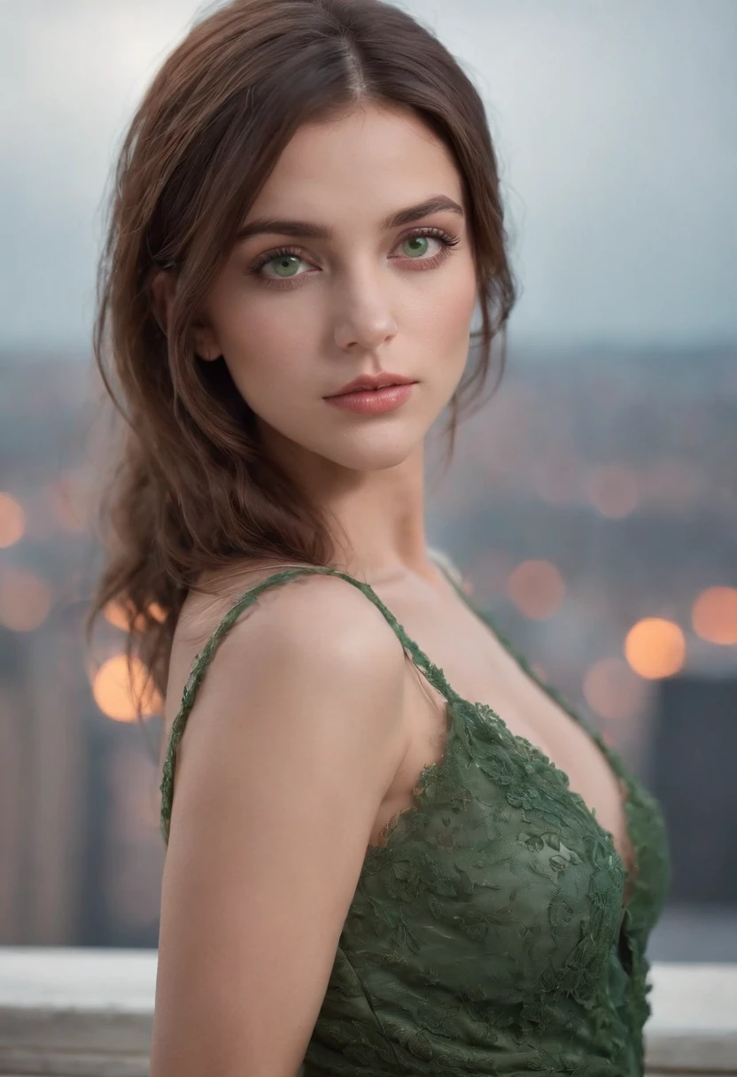 arafed woman, sexy girl with green eyes, brown hair and large eyes, full body shot of a young woman, bedroom eyes, violet myers, without makeup, natural makeup, looking directly at the camera, face with artgram, subtle makeup, piercing green eyes, beautiful angle, cute girl, brunette goddess, high detail, new york city skyline in the background
